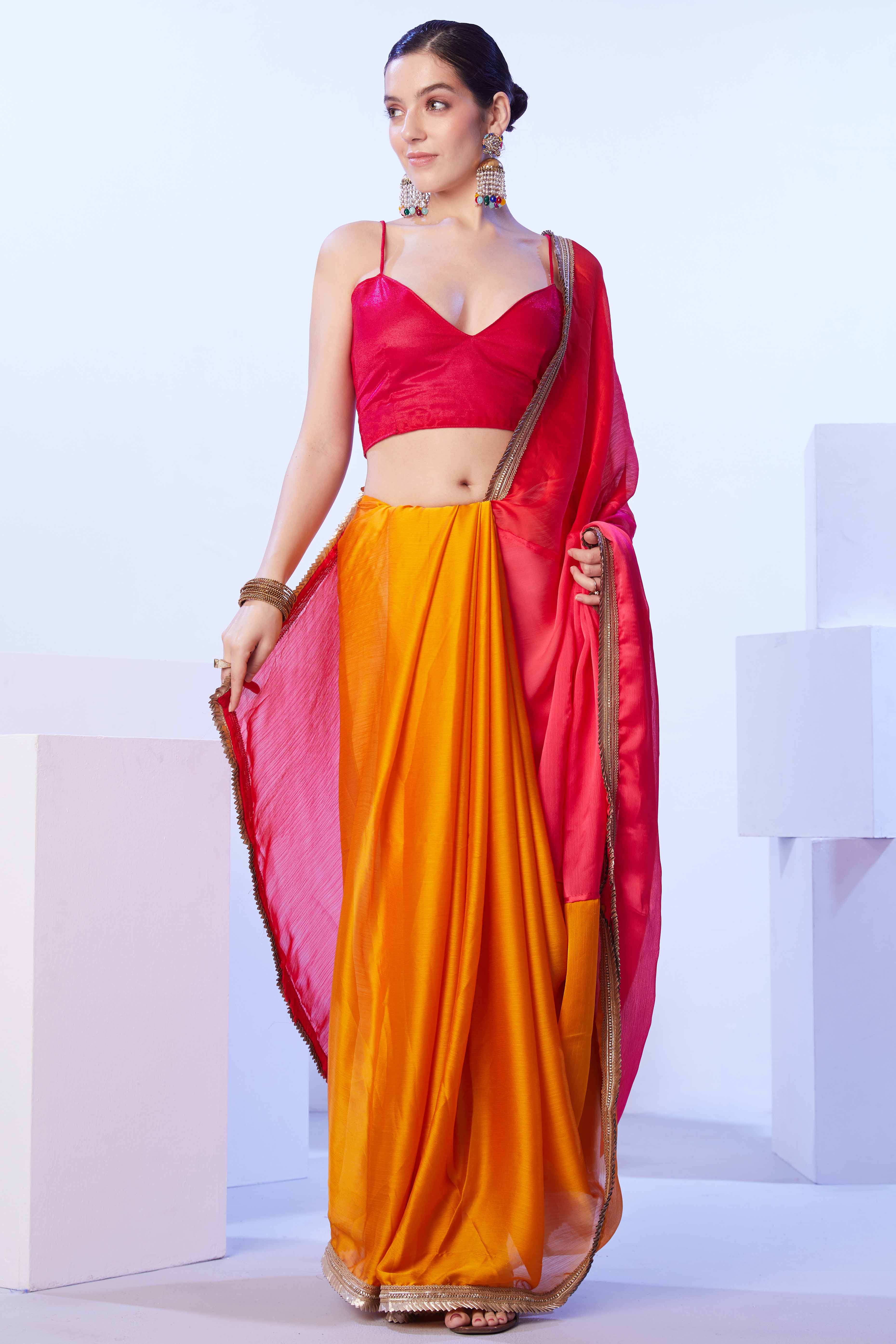 Red & Yellow Satin Printed Saree Adorned with Ombre Pattern