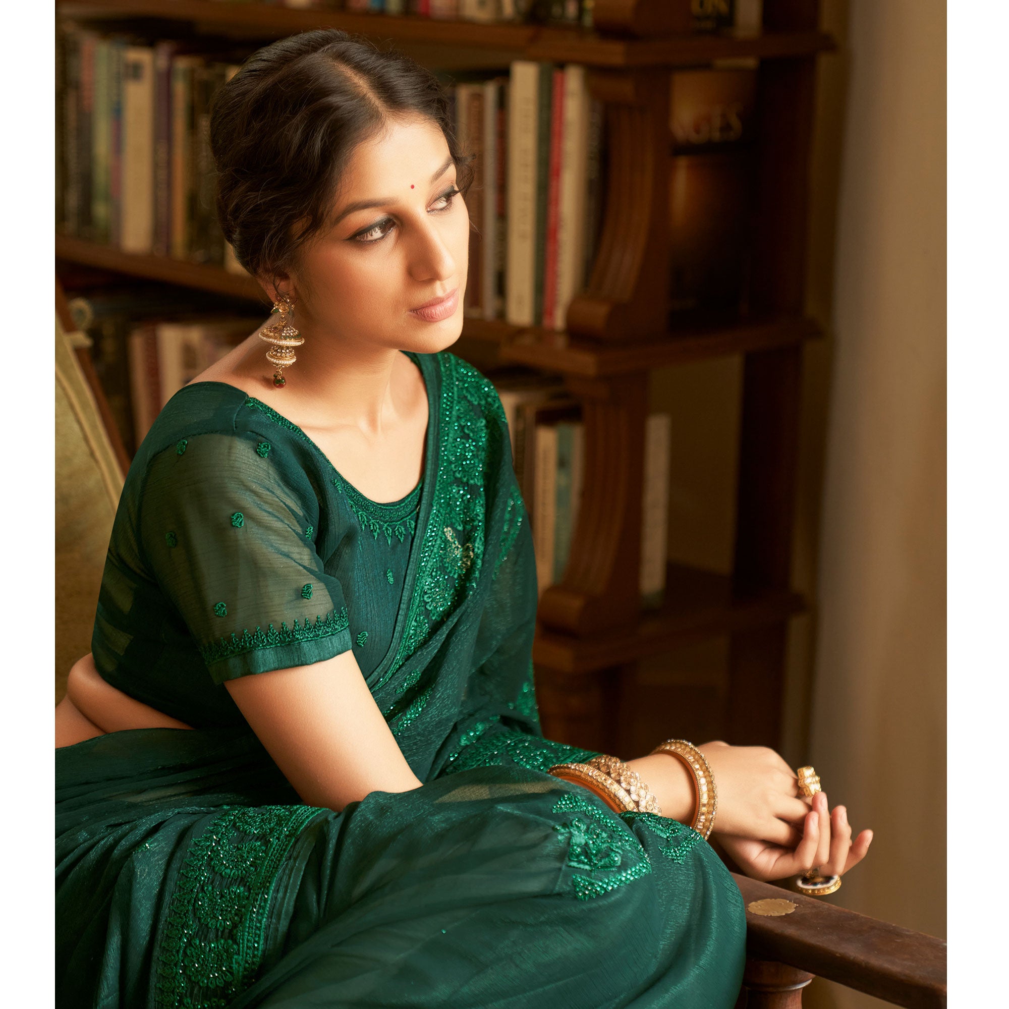 Bottle Green Embroidered Georgette Saree