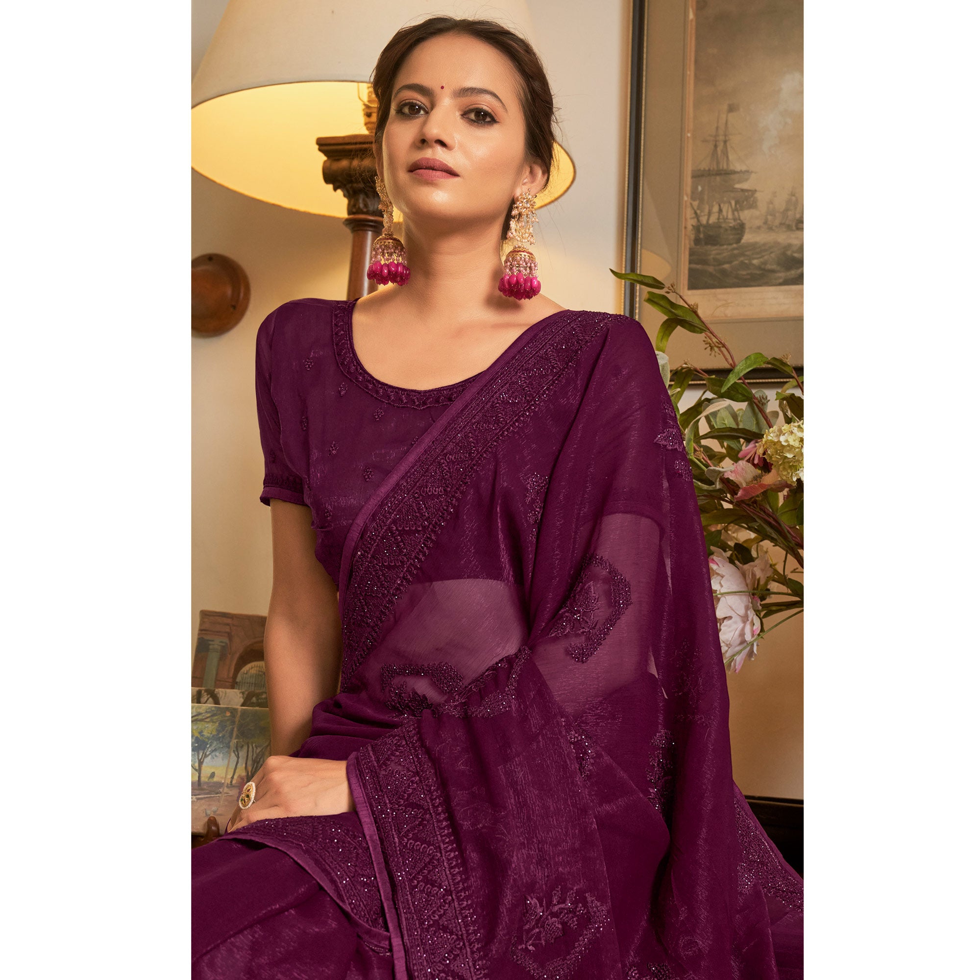 Wine Embroidered Georgette Saree