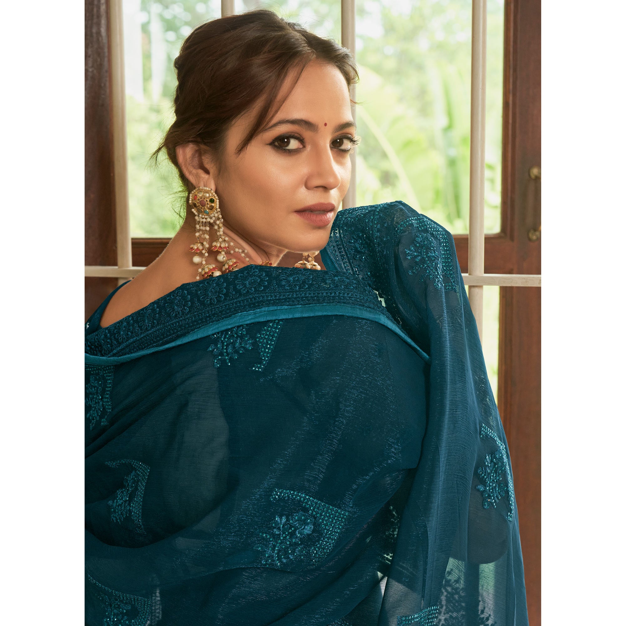 Teal Blue Embroidered Georgette Saree