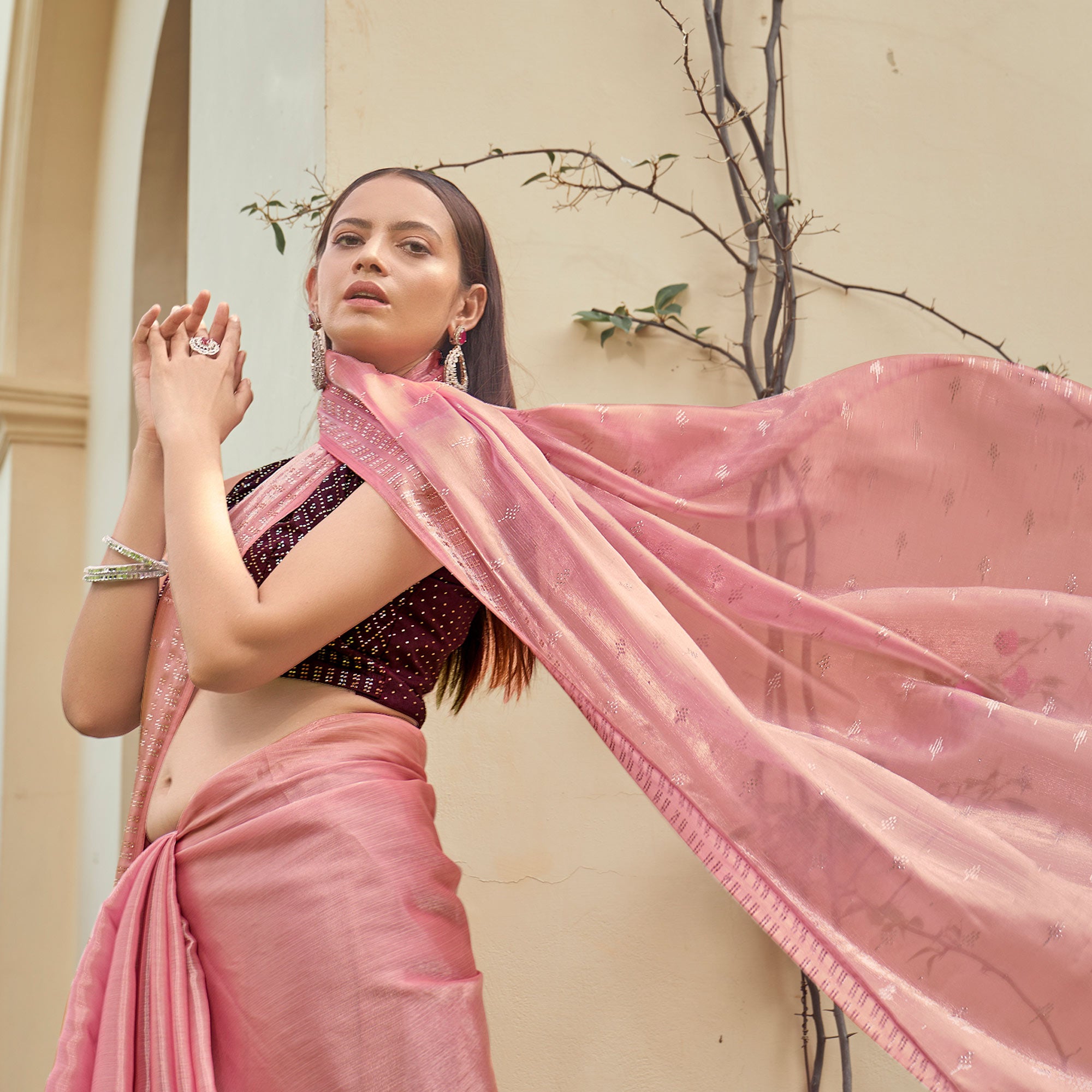 Peach Embroidered Tissue Saree