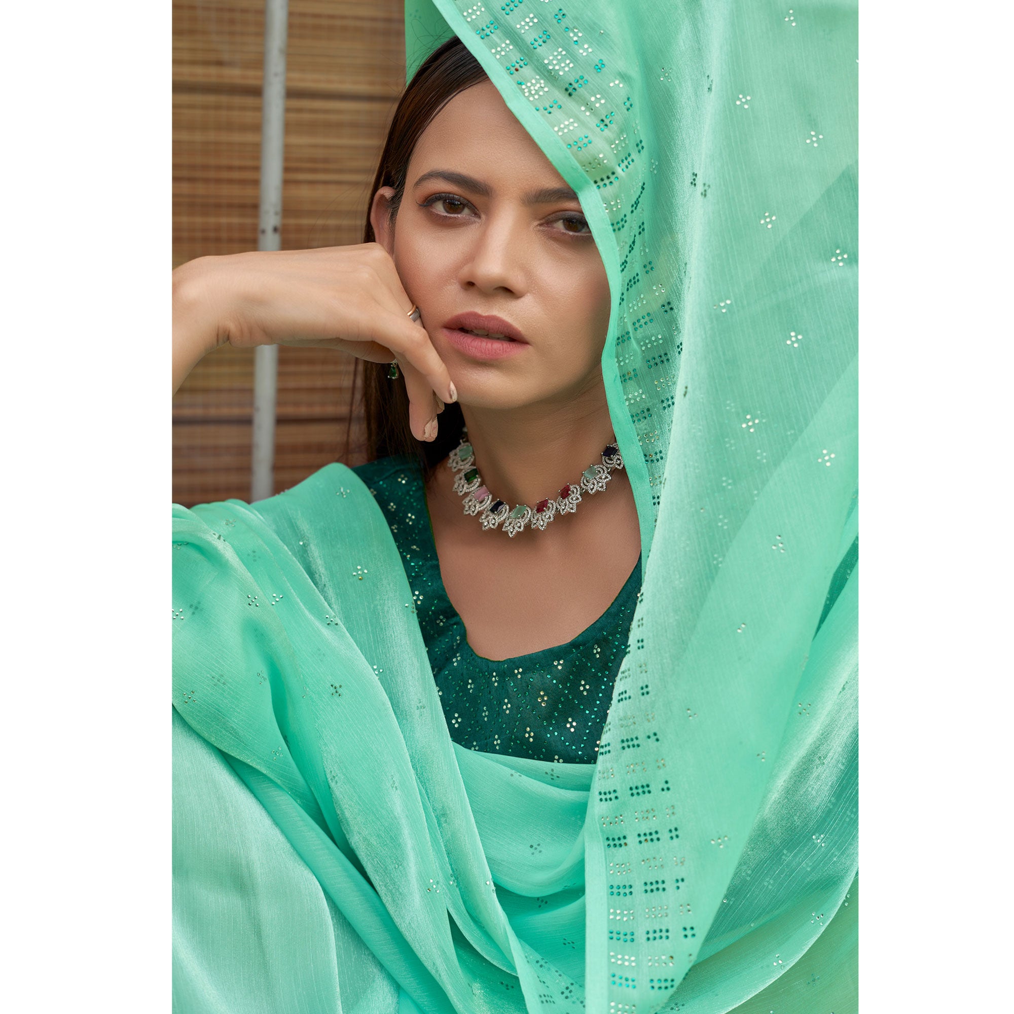 Turquoise Embroidered Tissue Saree