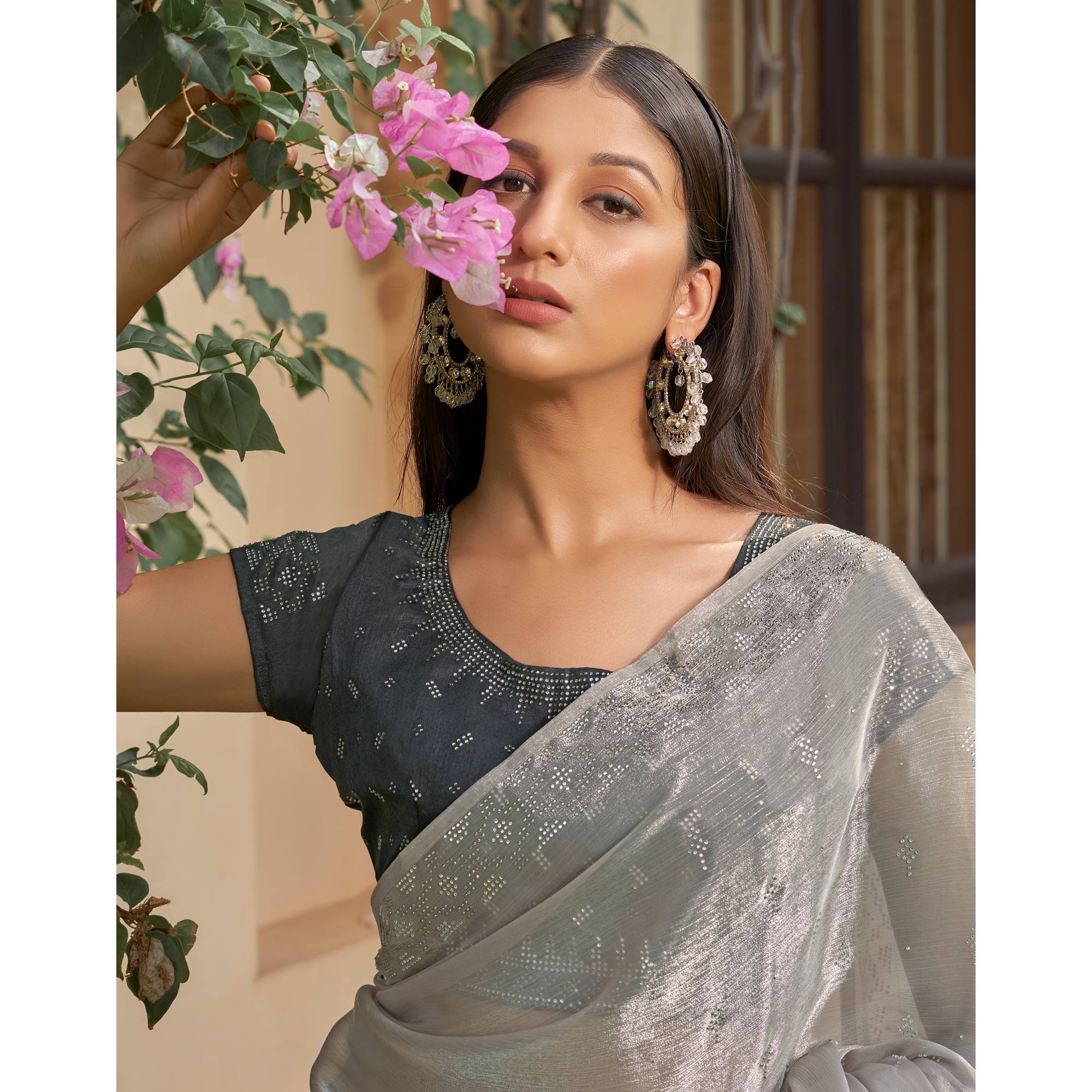 Grey Embroidered Tissue Saree