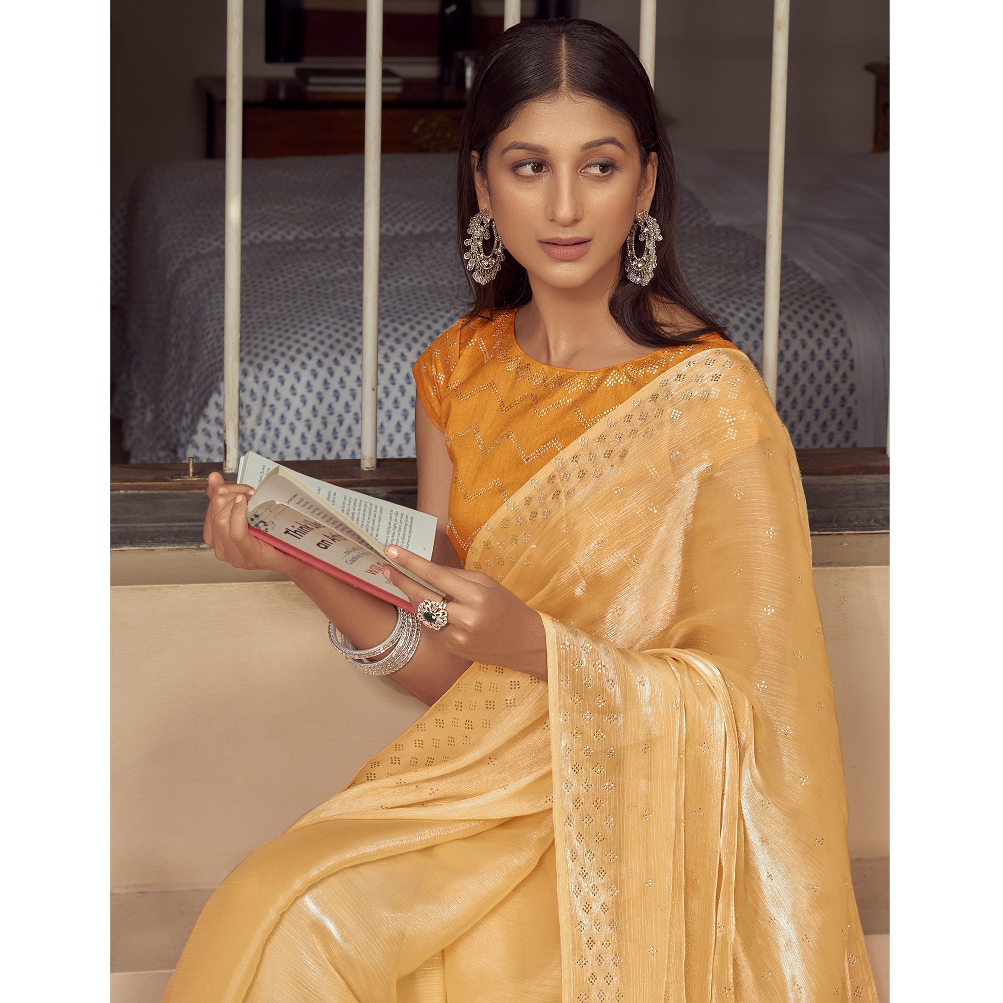 Yellow Embroidered Tissue Saree