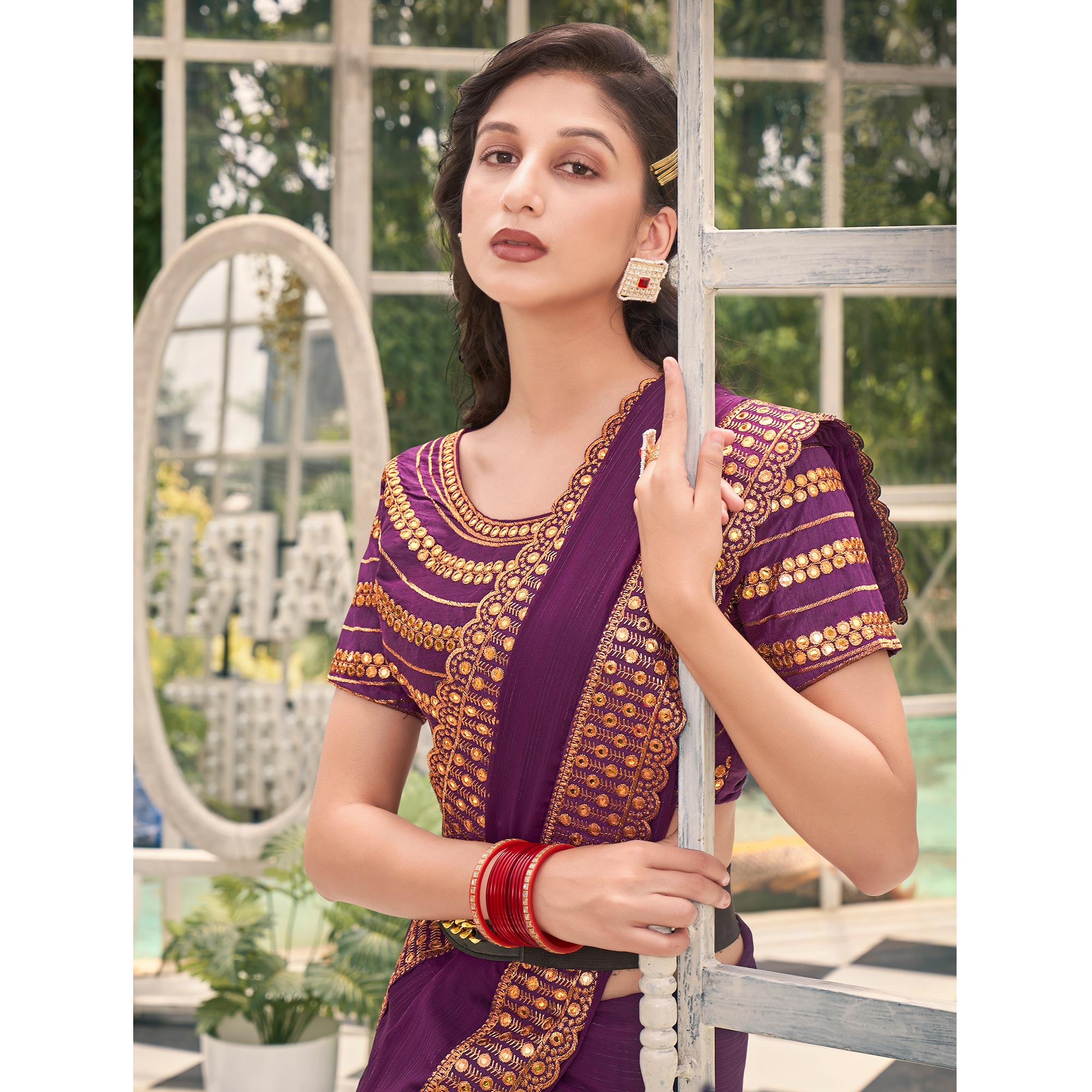 Purple Solid With Embroidered Border Georgette Saree