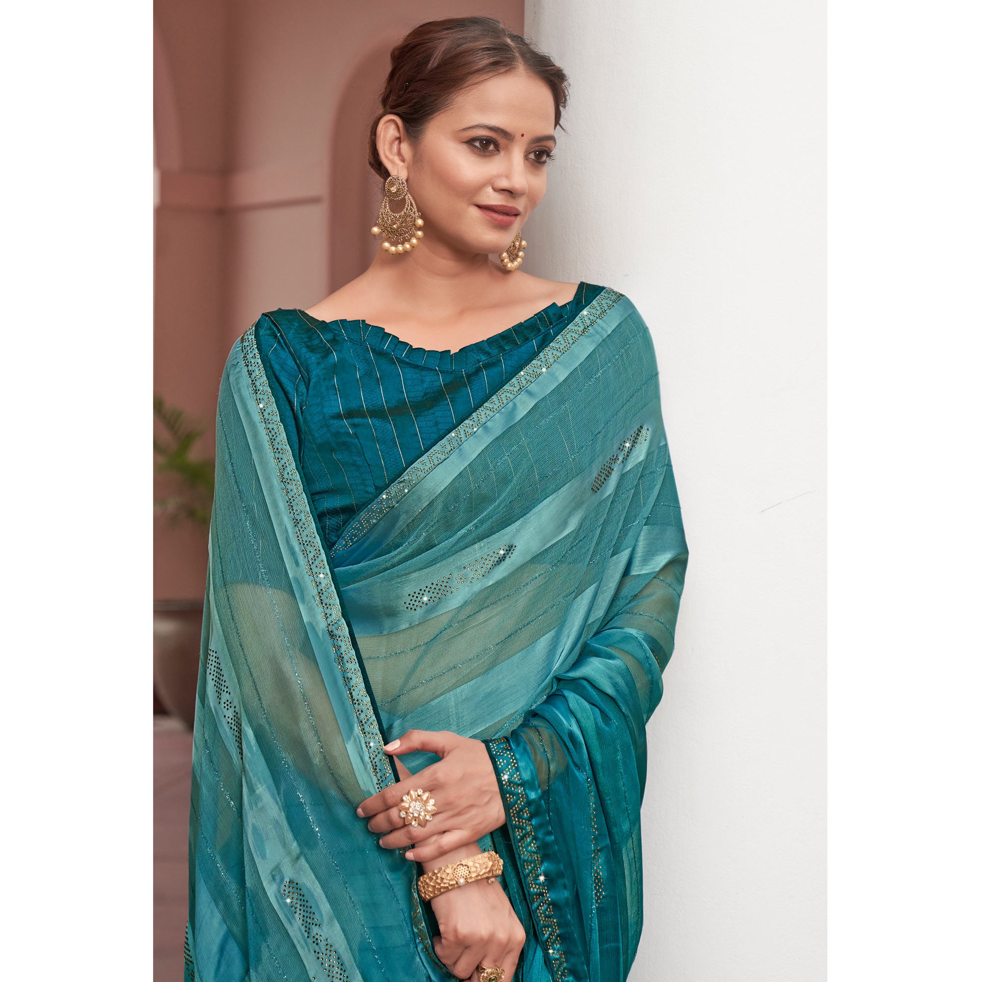 Teal Blue Swarovski Work Georgette Saree