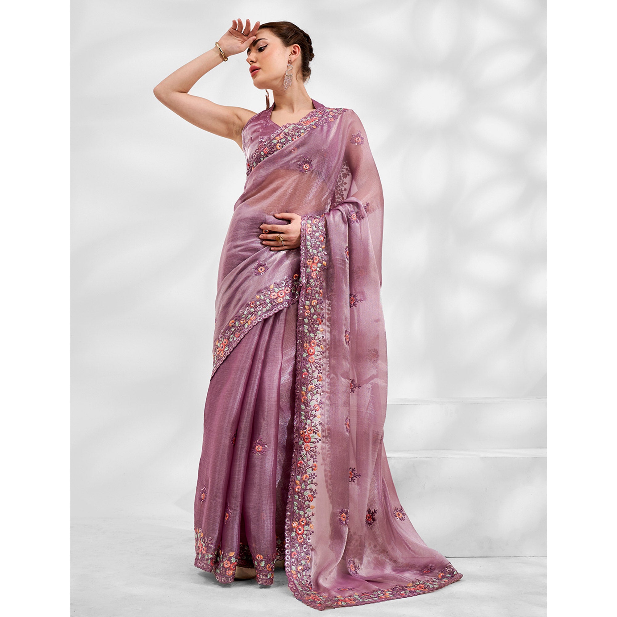 Lavender Embellished Tissue Saree With Unstitched Blouse Piece main image 1
