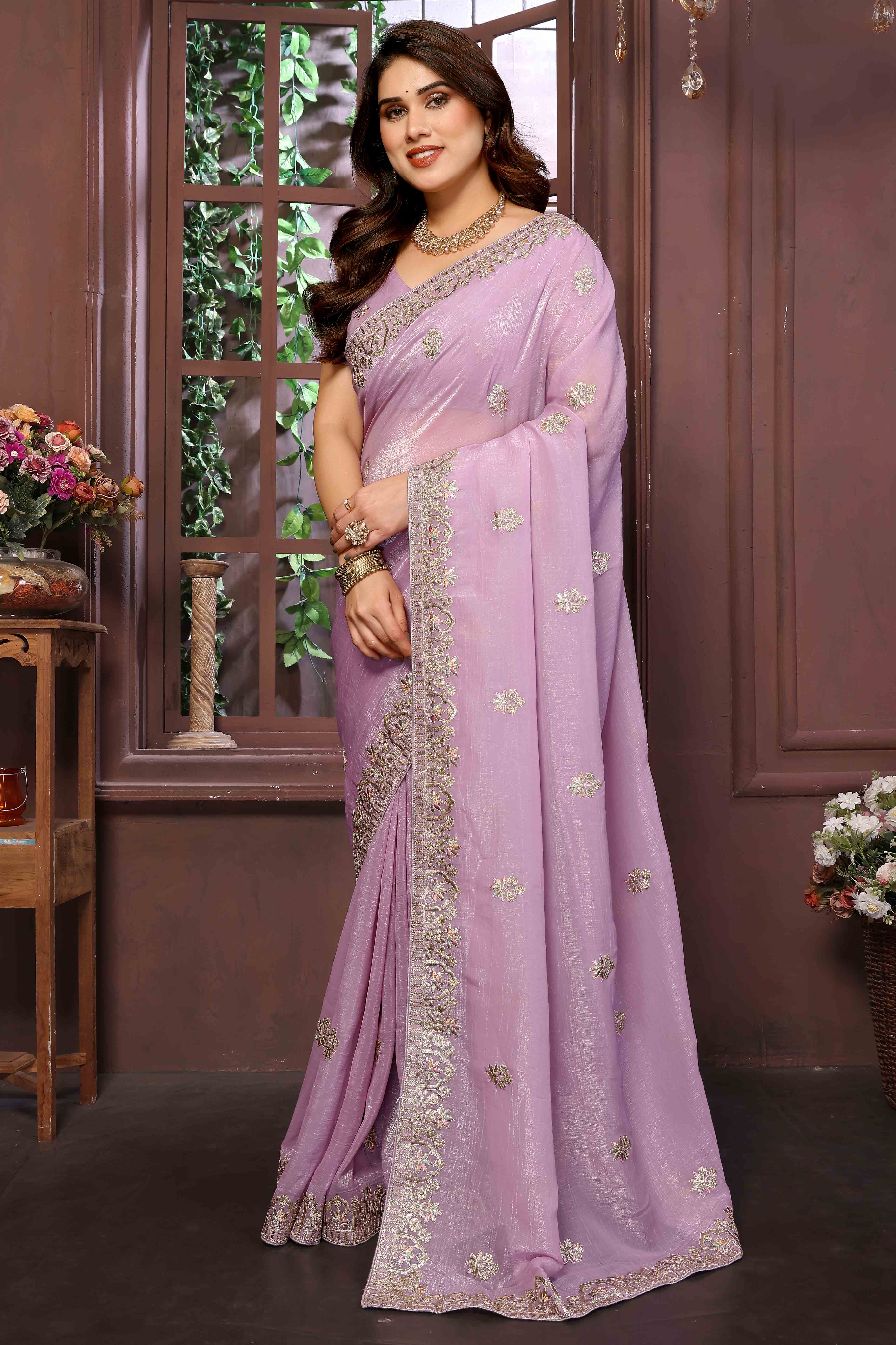 Light Purple Crunchy Saree With Enchanting Floral Gota Patti Work