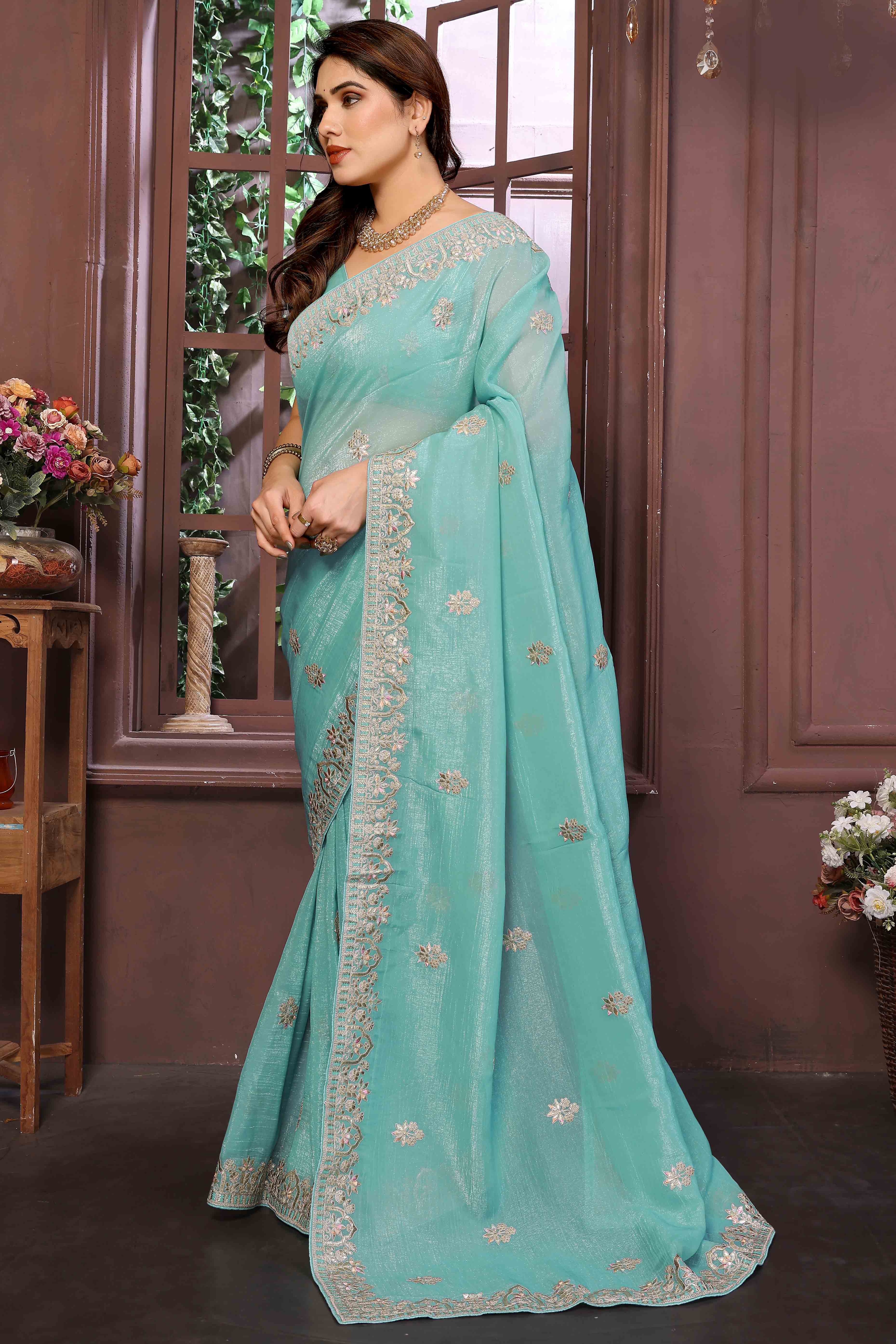 Turquoise Crunchy Saree With Enchanting Floral Gota Patti Work