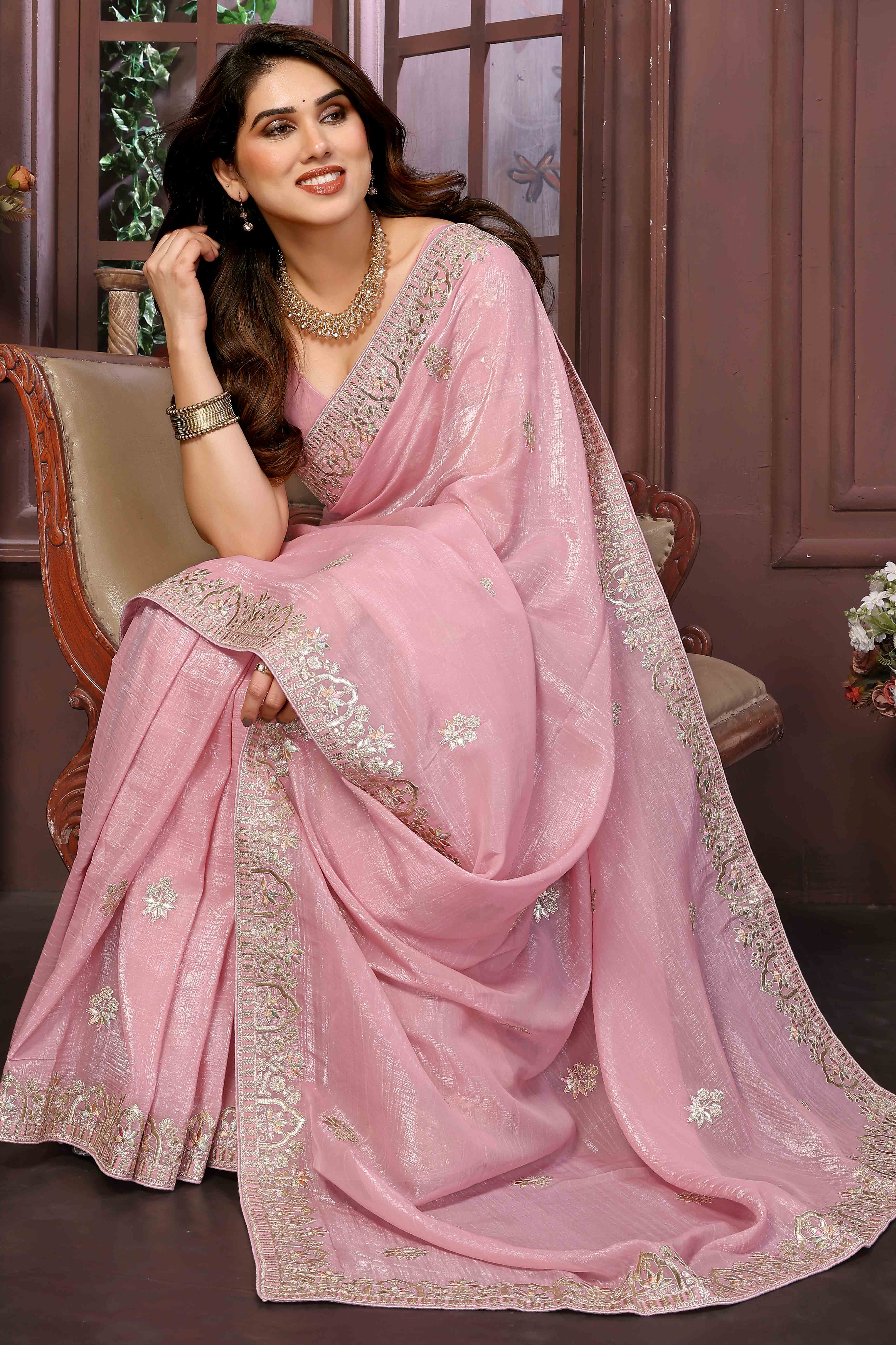 Baby Pink Crunchy Saree With Enchanting Floral Gota Patti Work