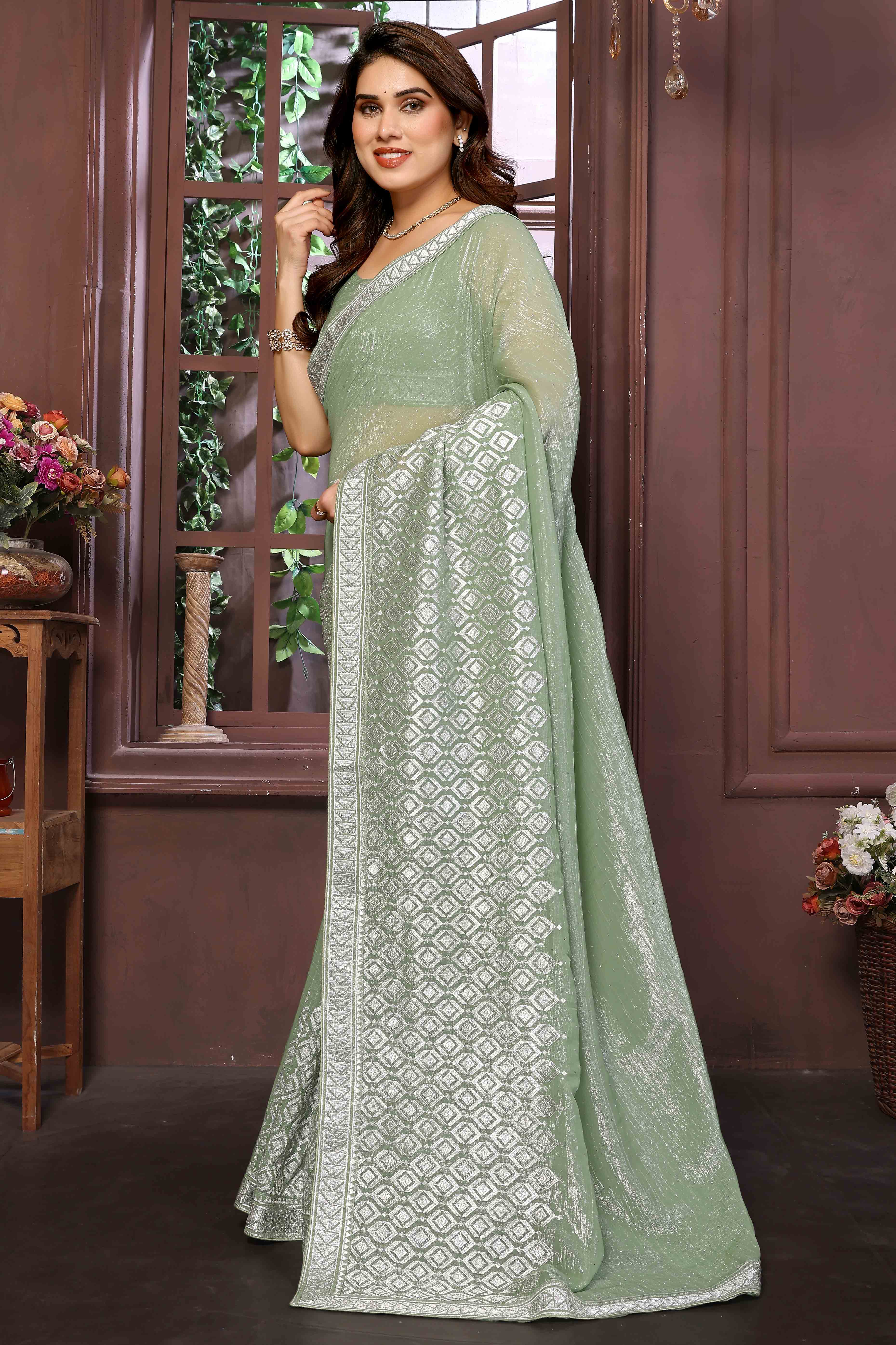 Green Crunchy Saree With Swarovski Sparkle & Floral Zari Grace