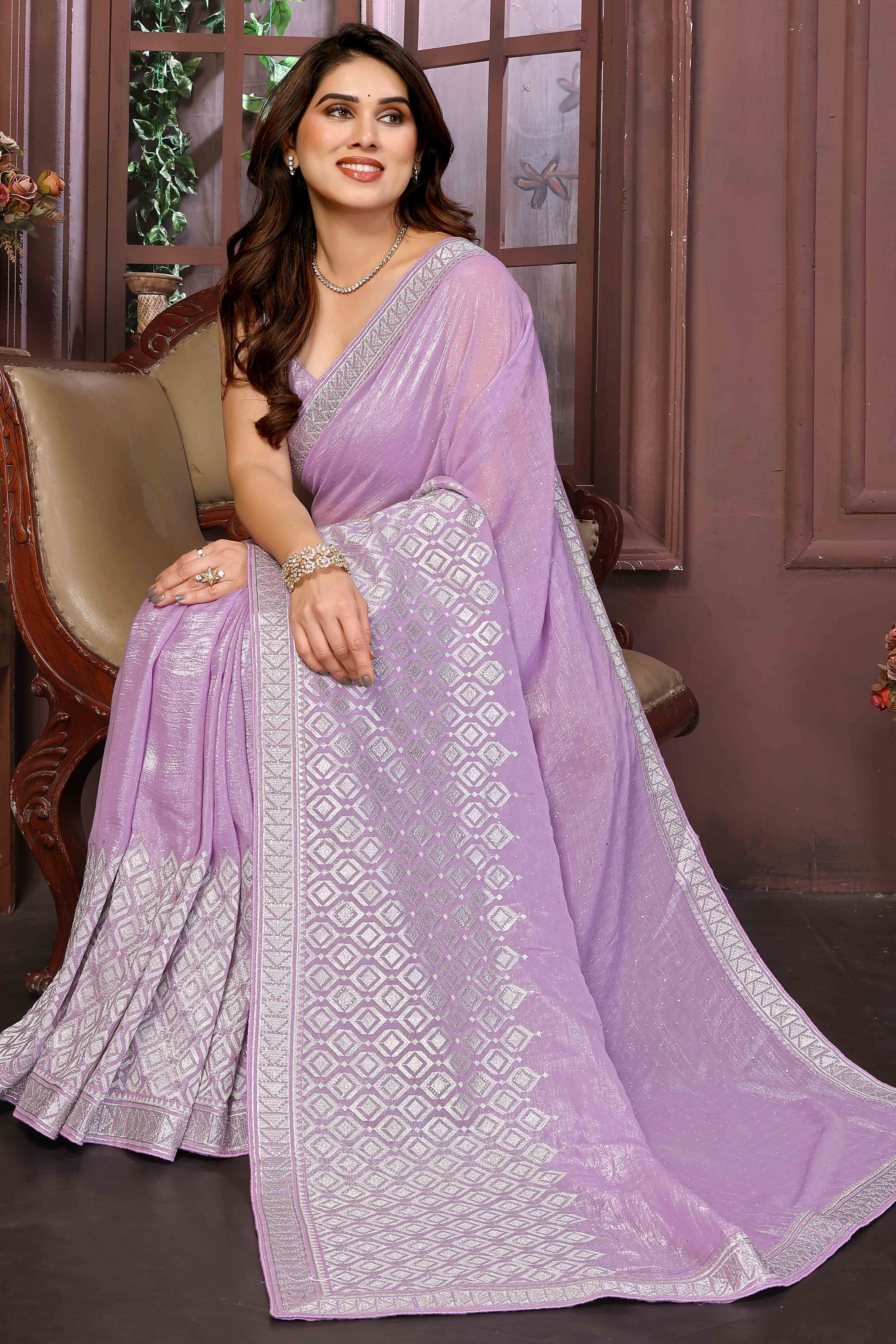 Light Purple Crunchy Saree With Swarovski Sparkle & Floral Zari Grace