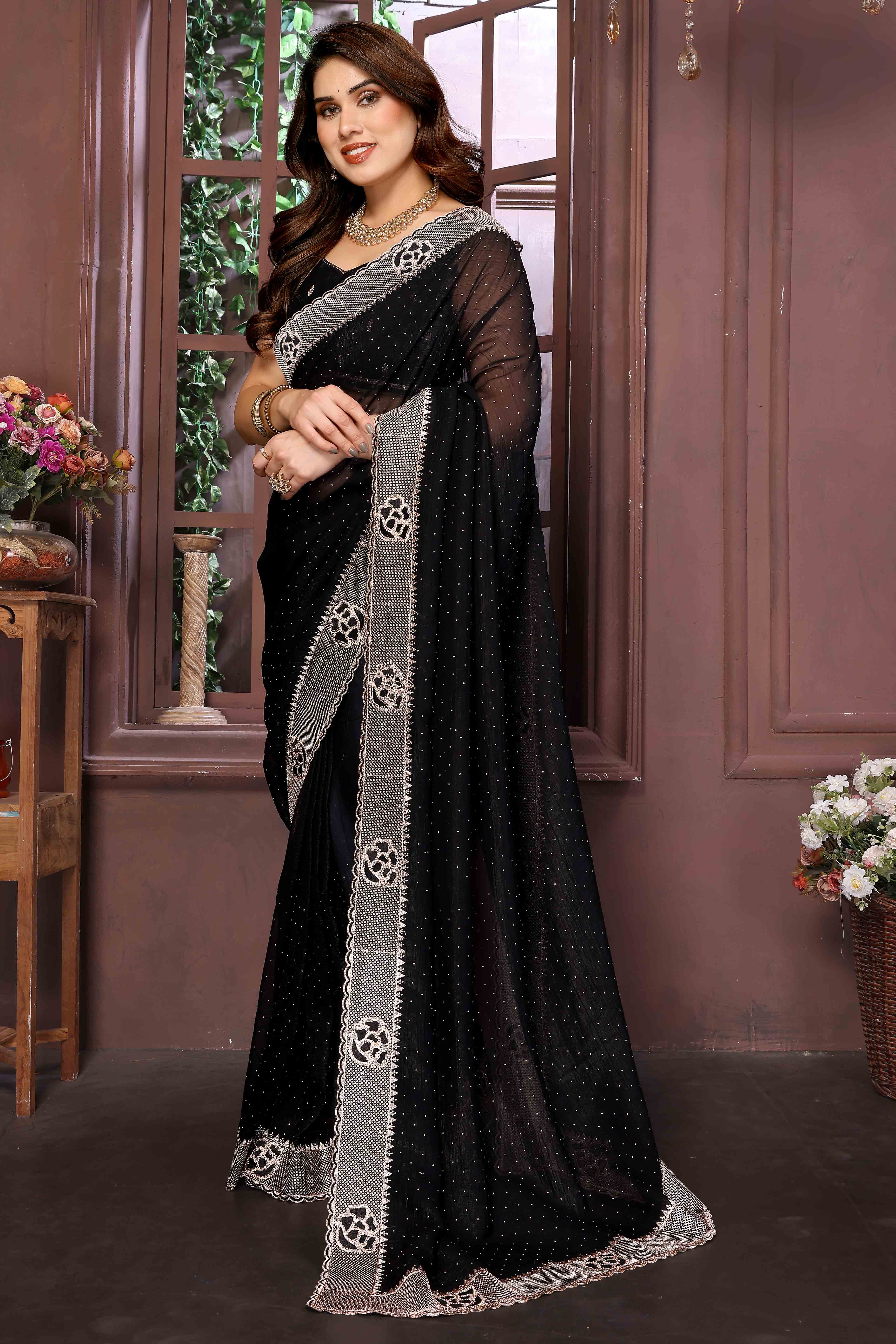 Black Crunchy Saree Adorned With Swarovski Sparkle & Floral Zari Elegance