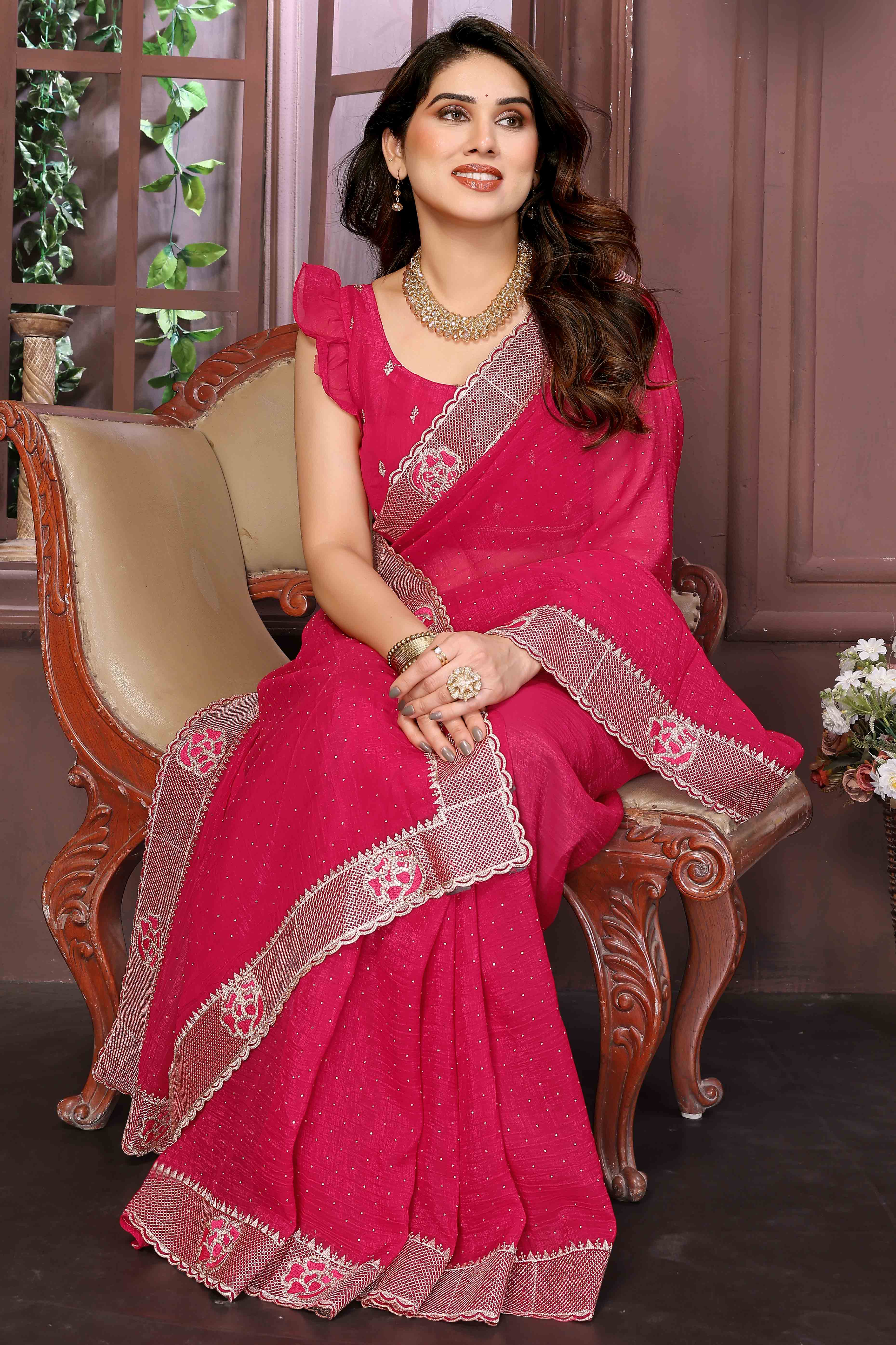Pink Crunchy Saree Adorned With Swarovski Sparkle & Floral Zari Elegance
