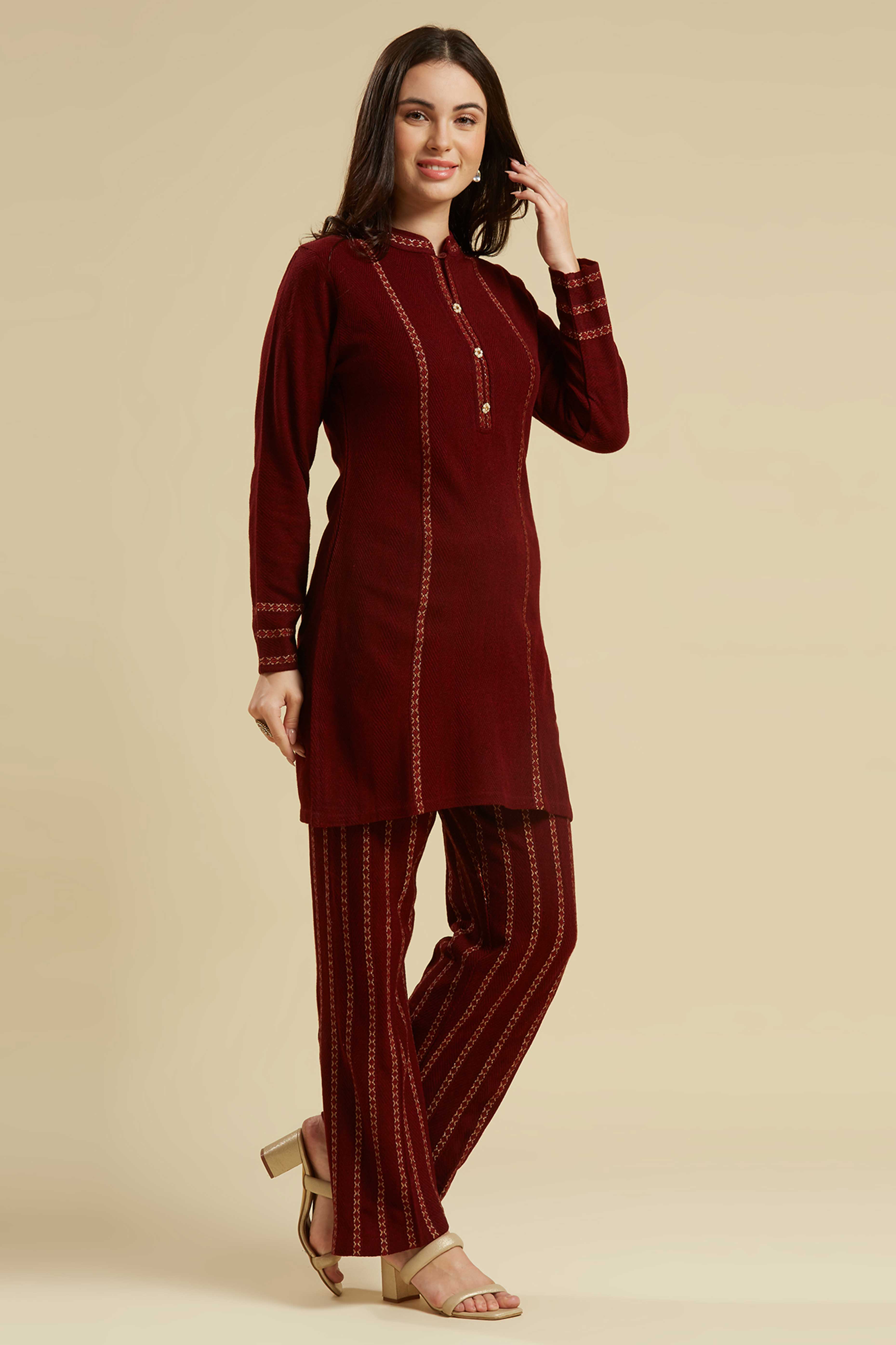 Maroon Woven Woolen Straight Top Bottom Set