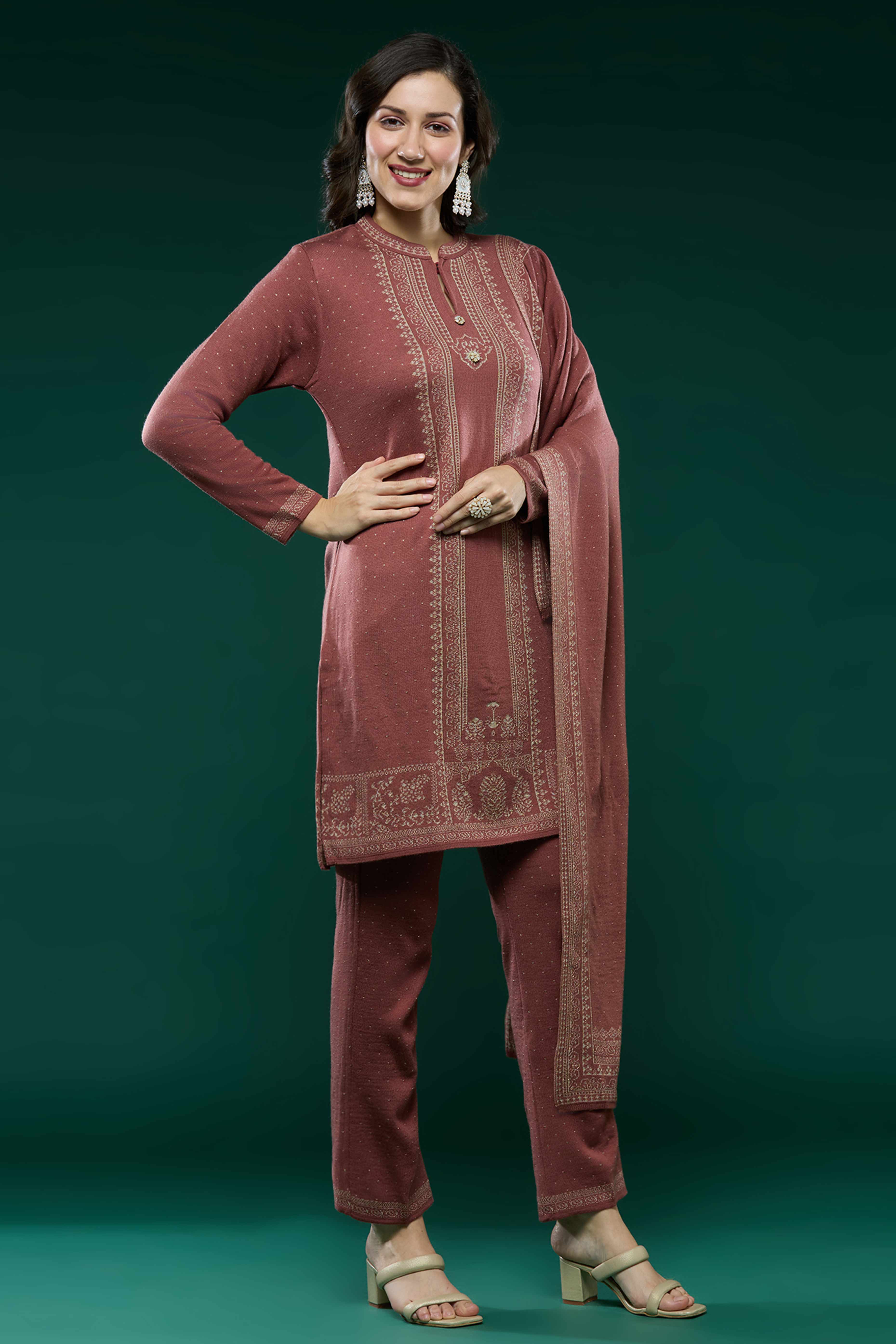 Mauve Woven Woolen Straight Salwar Suit