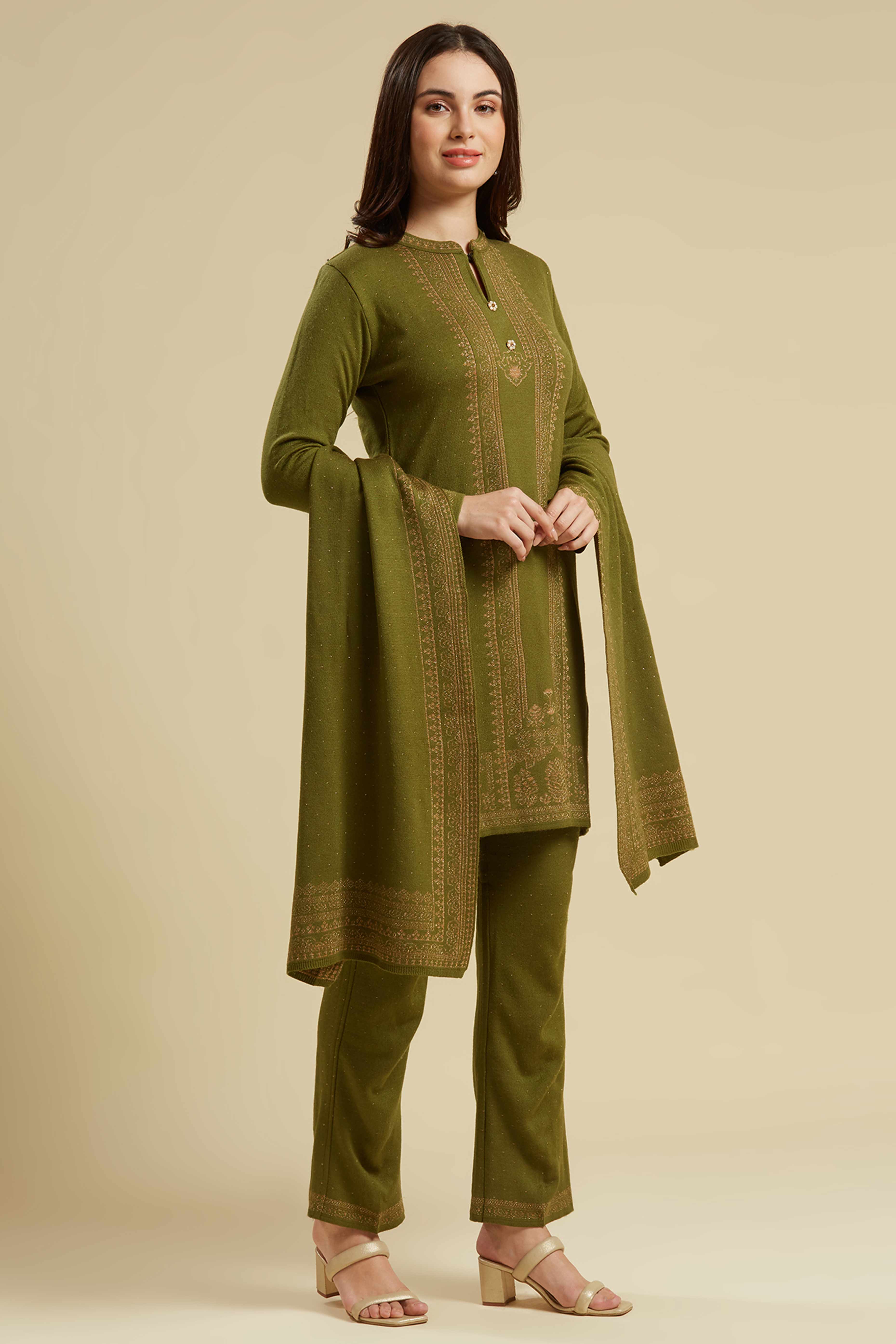 Olive Woven Woolen Straight Salwar Suit