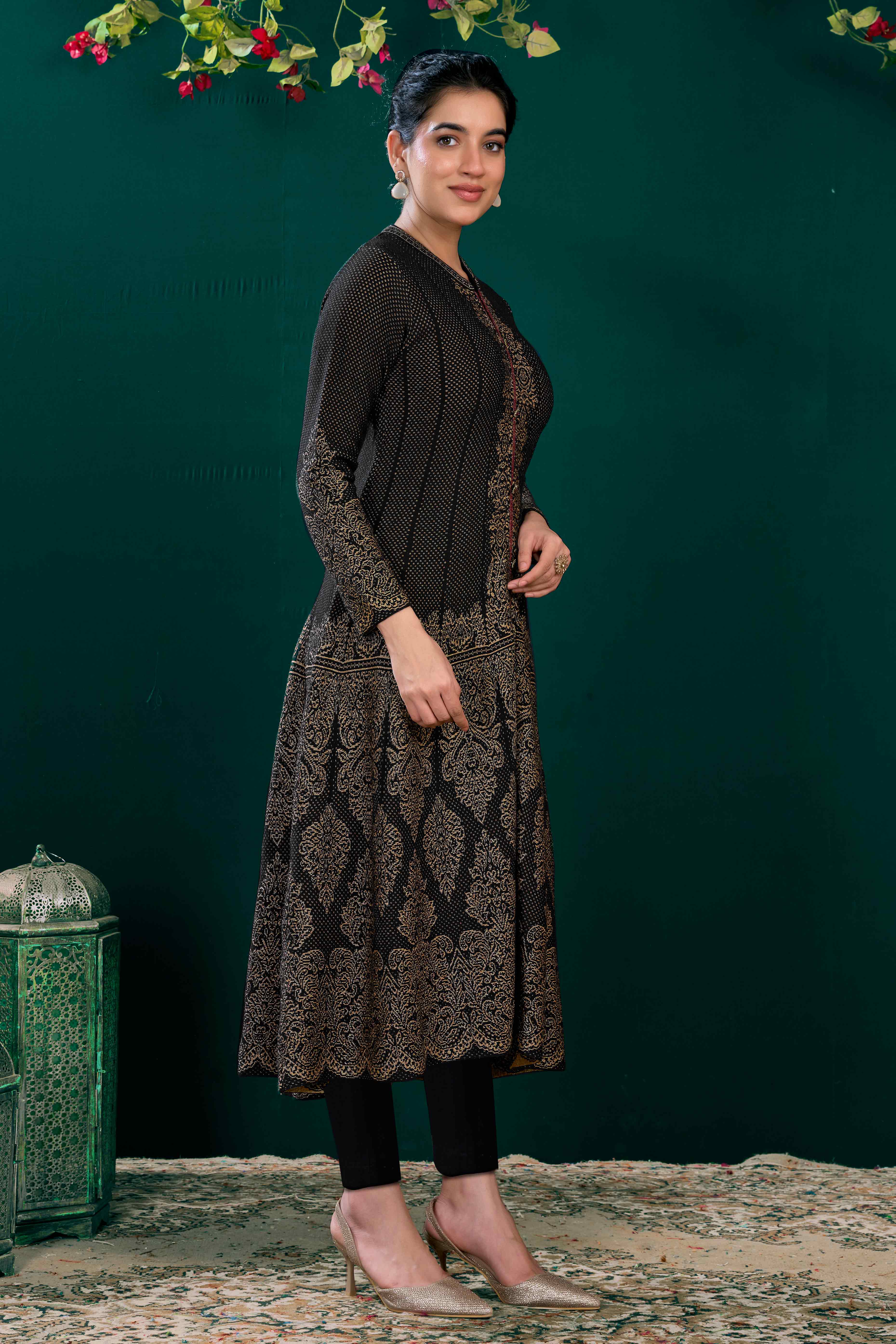 Black Floral Woven A-Line Salwar Suit