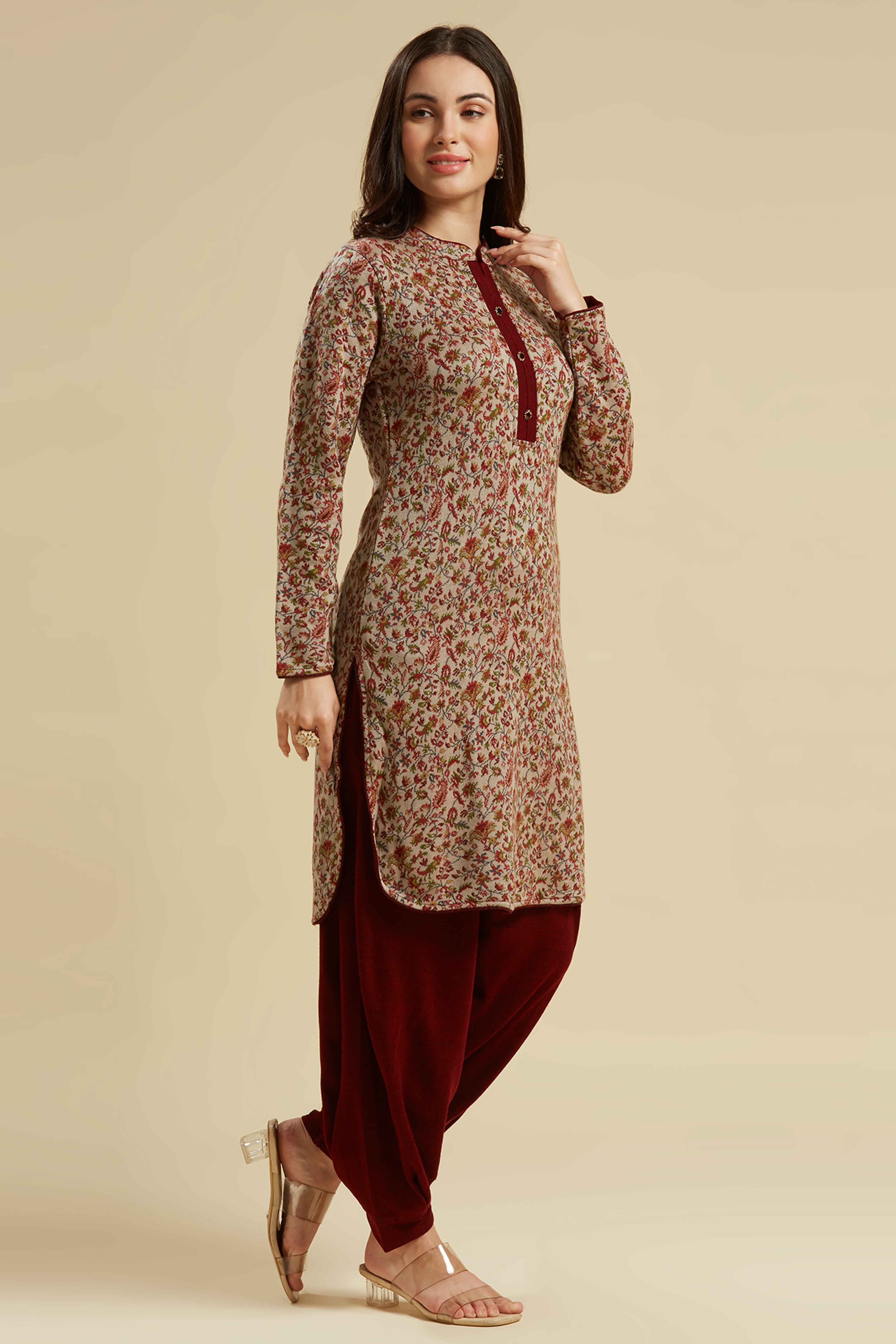 Chikoo Woven Woolen Straight Top Bottom Set
