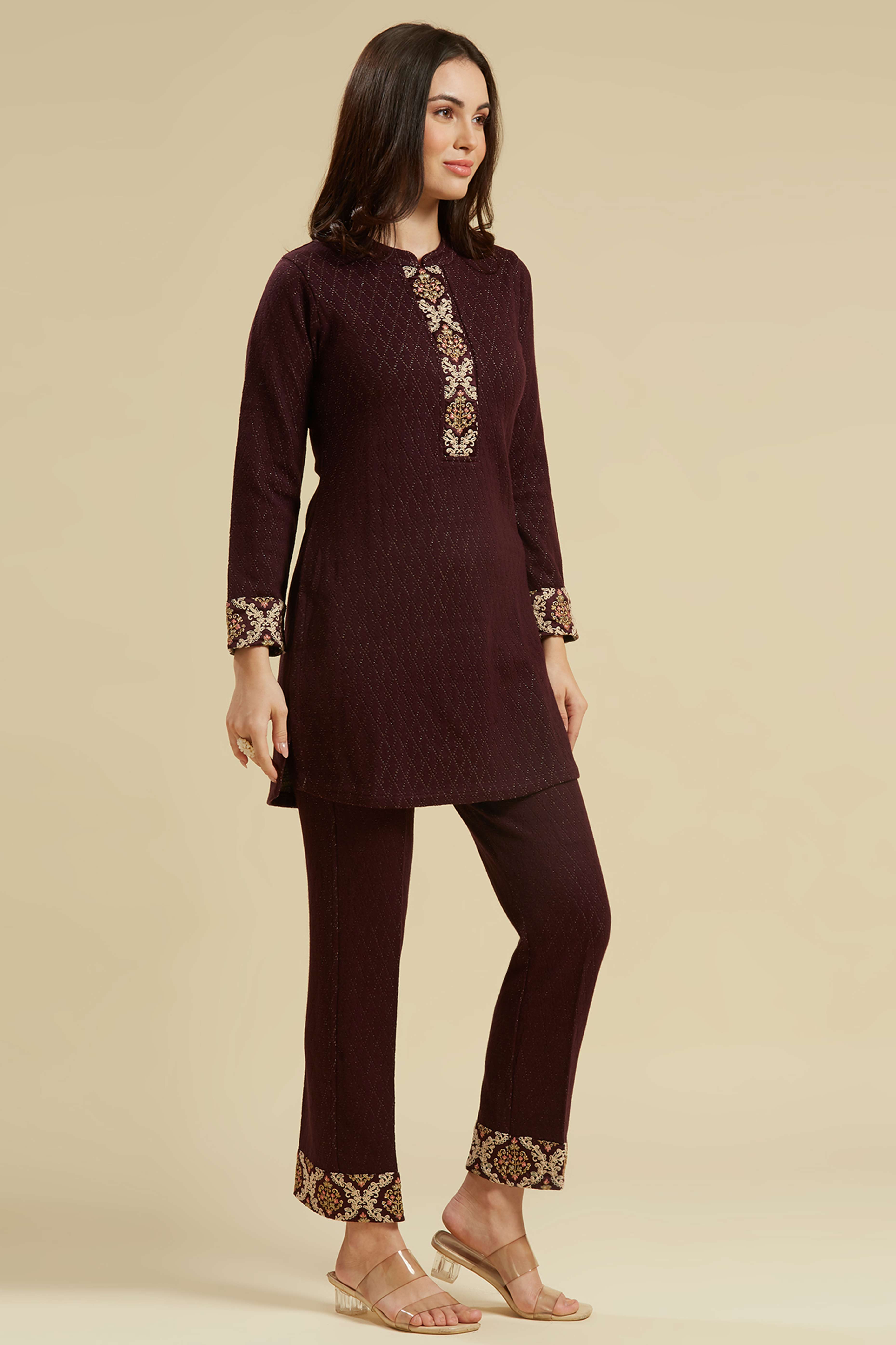 Wine Woven Woolen Straight Top Bottom Set