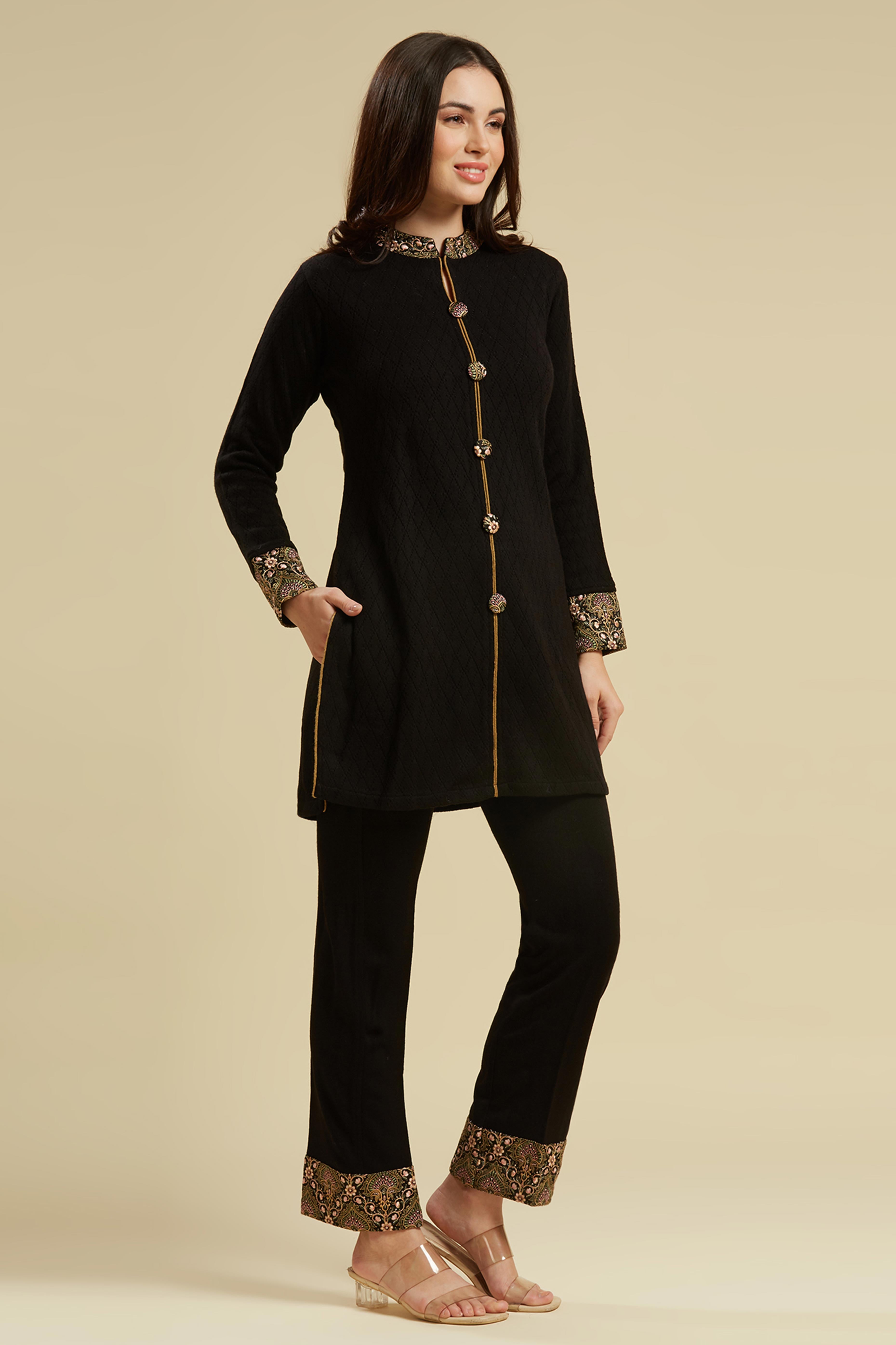 Black Woven Woolen Front Slit Top Bottom Set