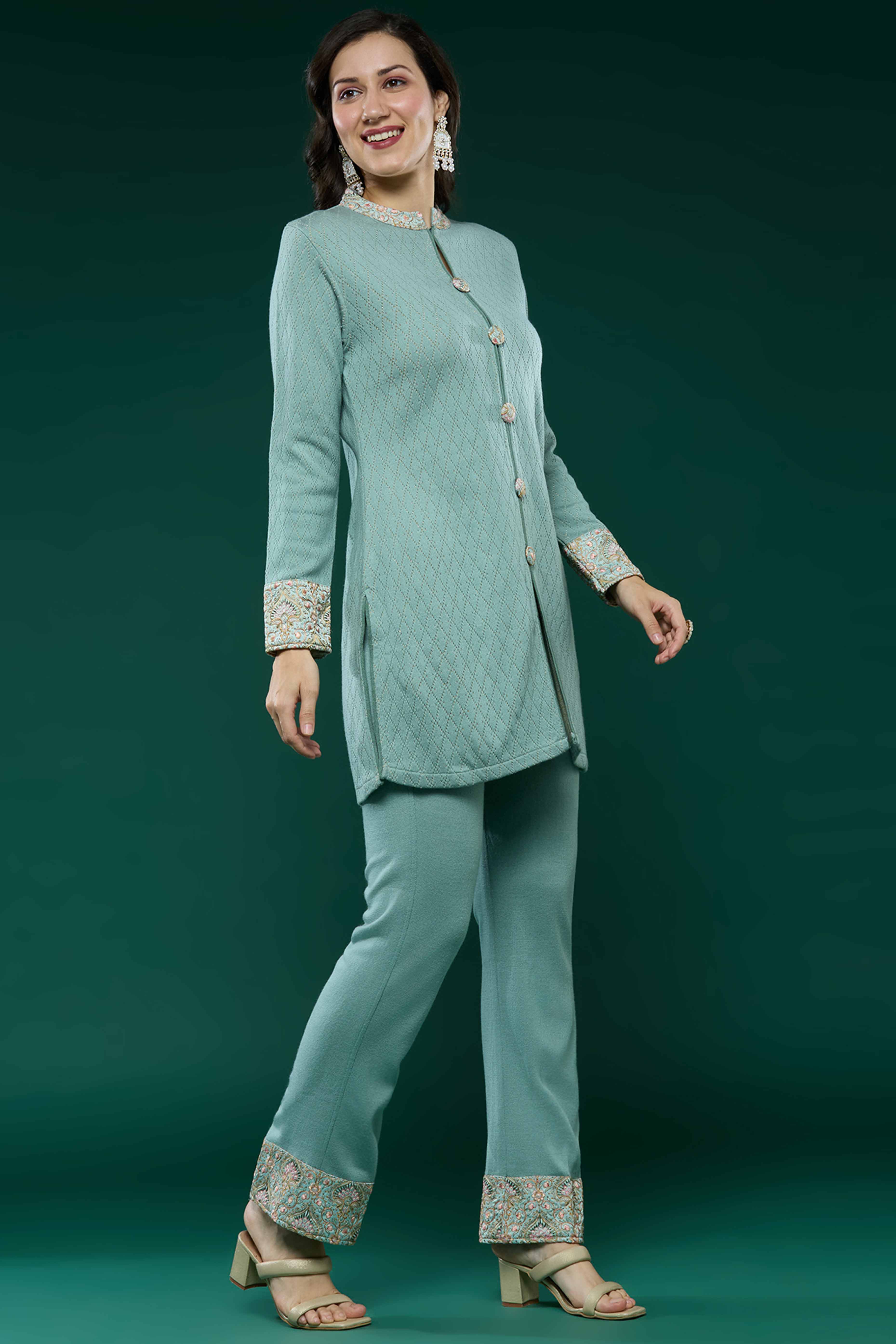 Pista Green Woven Woolen Front Slit Top Bottom Set