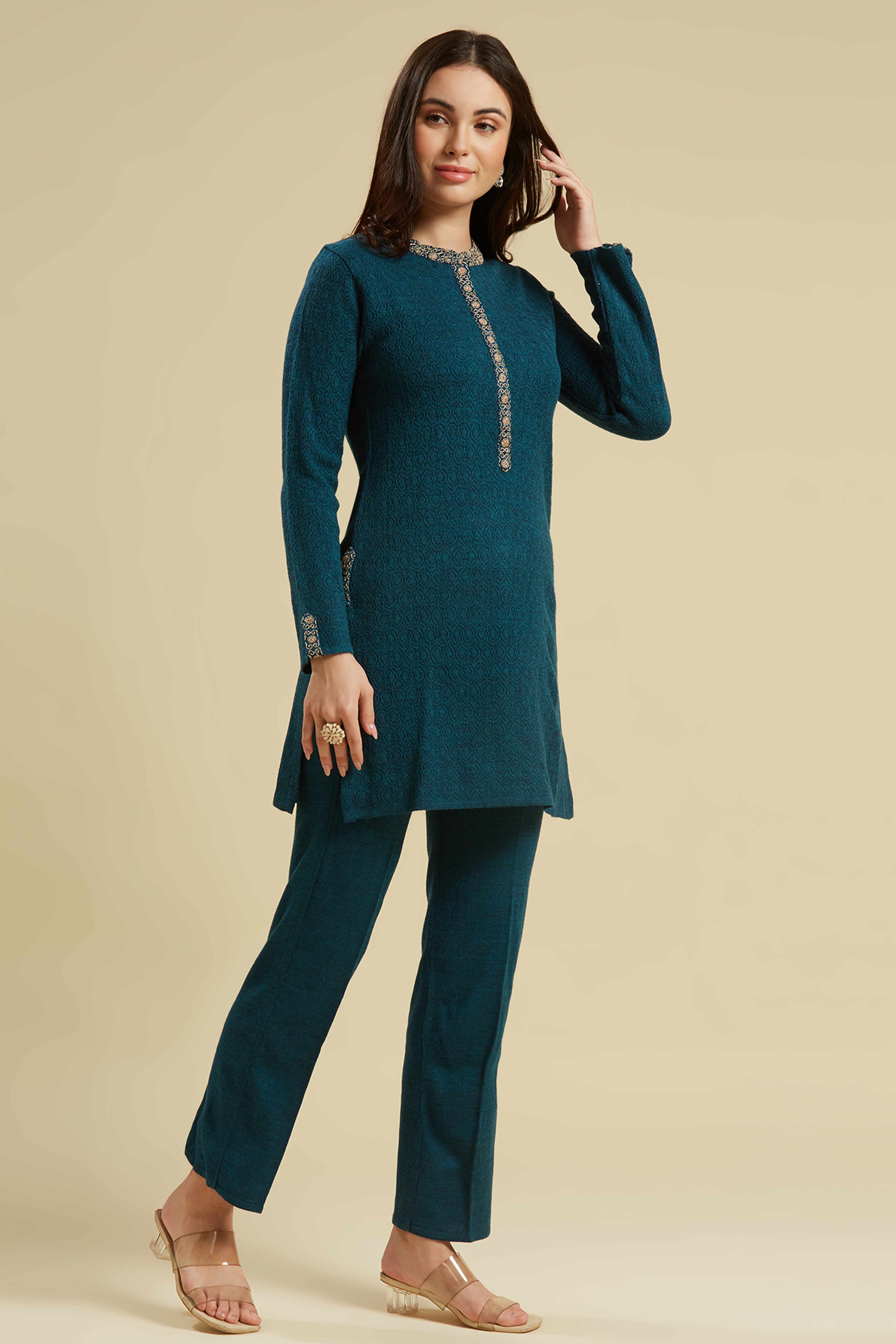 Teal Woven Woolen Straight Top Bottom Set