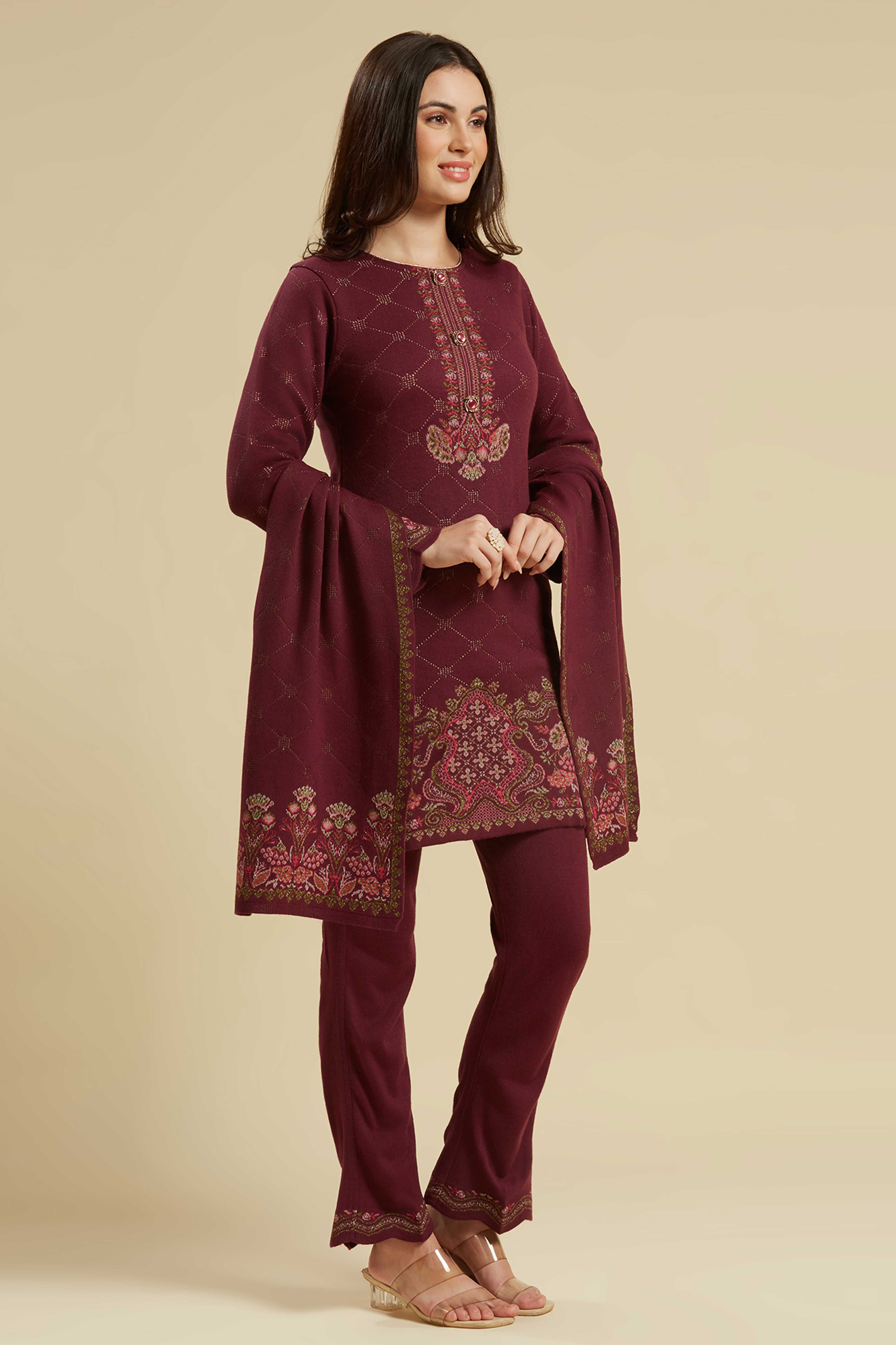 Wine Woven Woolen Straight Salwar Suit