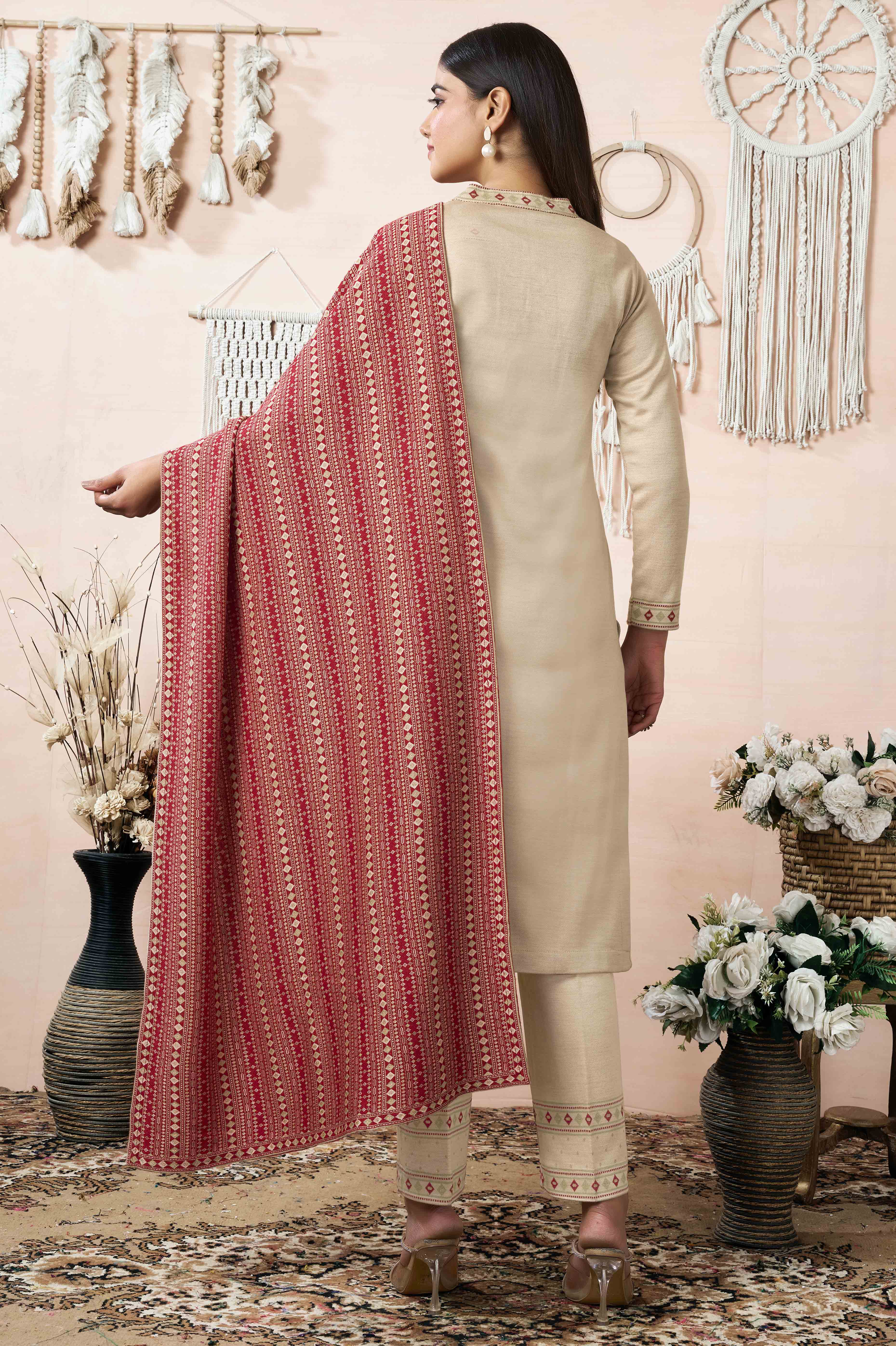 Beige Weaving Woolen Straight Salwar Suit
