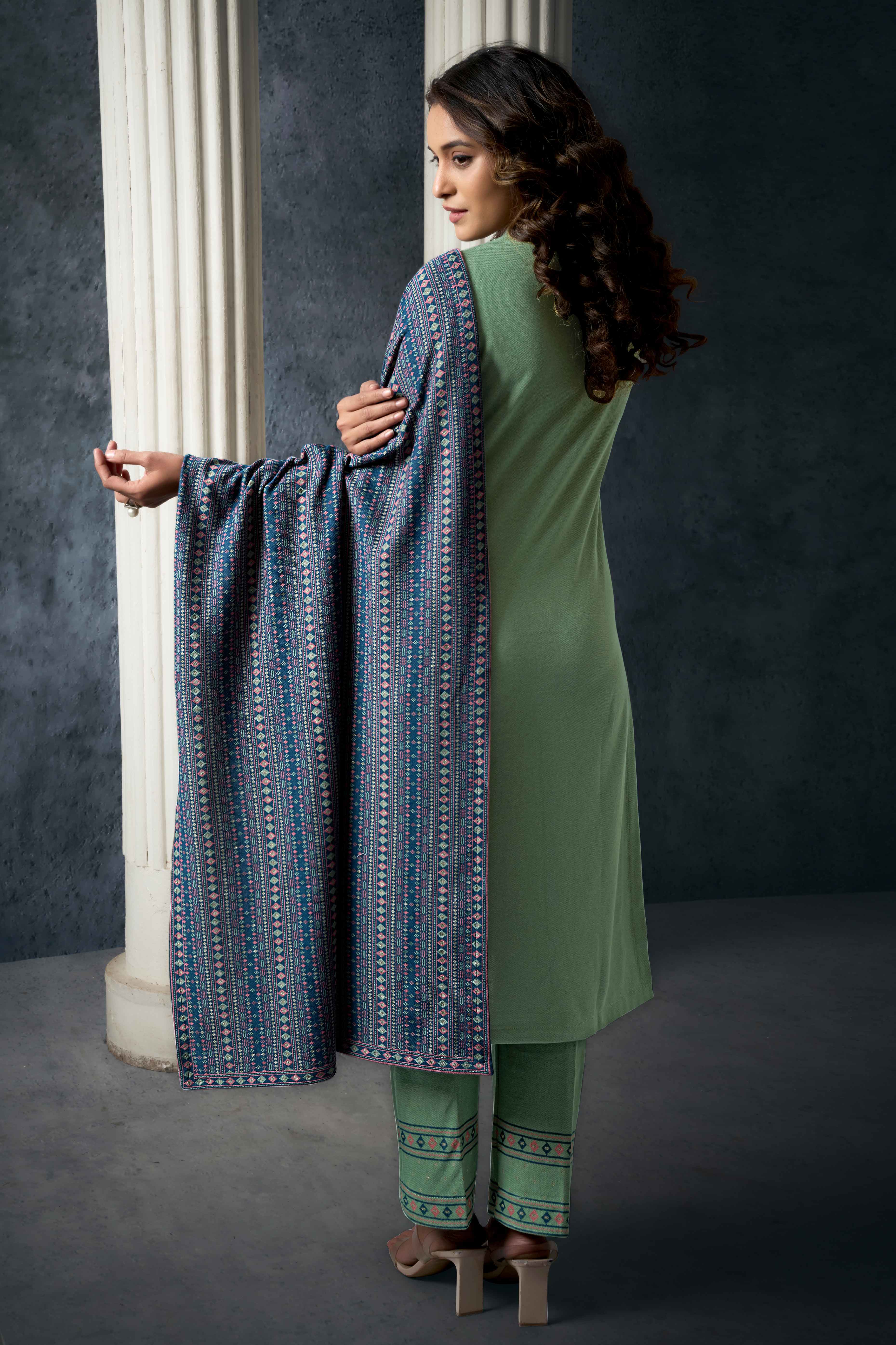 Green Weaving Woolen Straight Salwar Suit