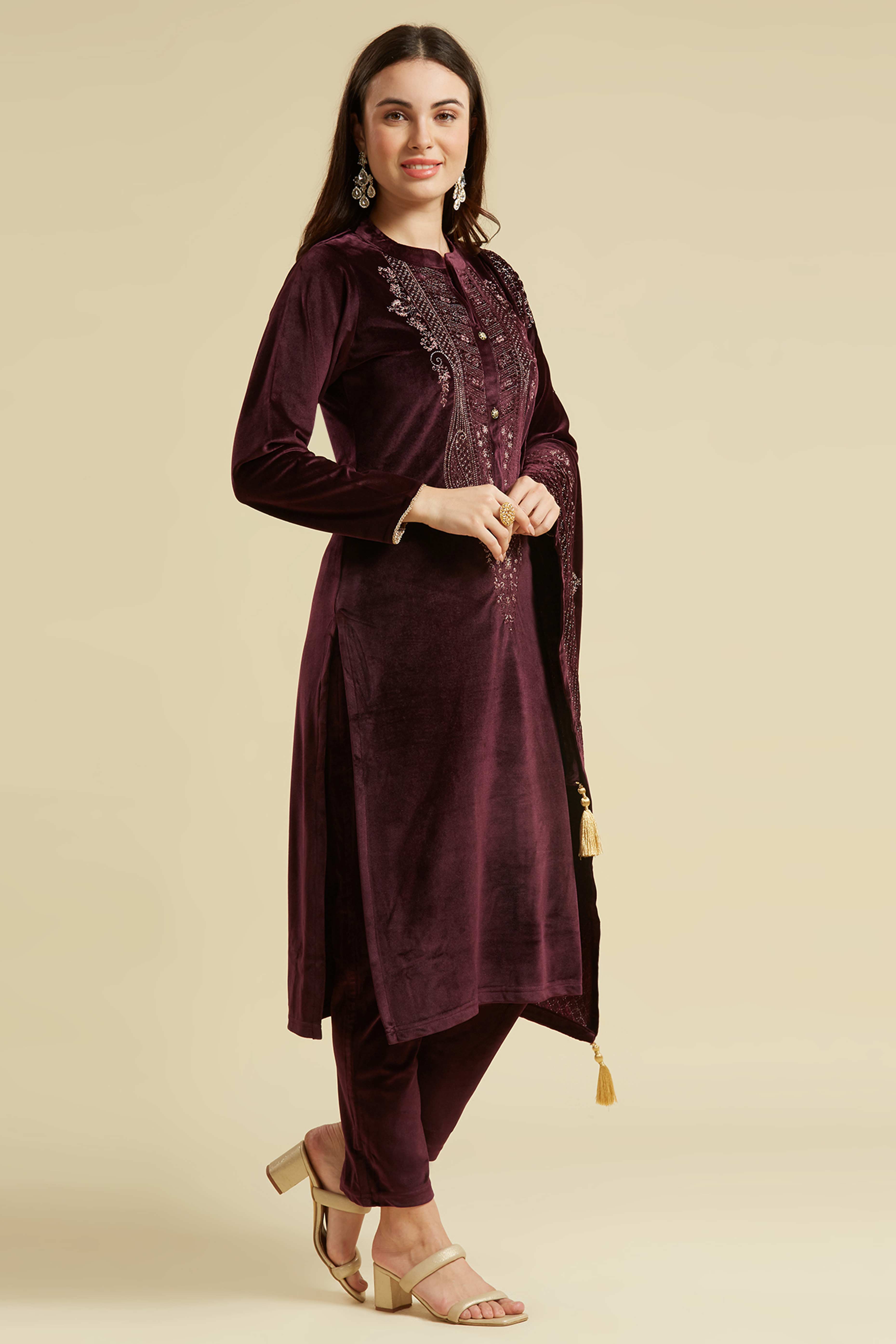 Wine Embroidered Woolen Straight Salwar Suit