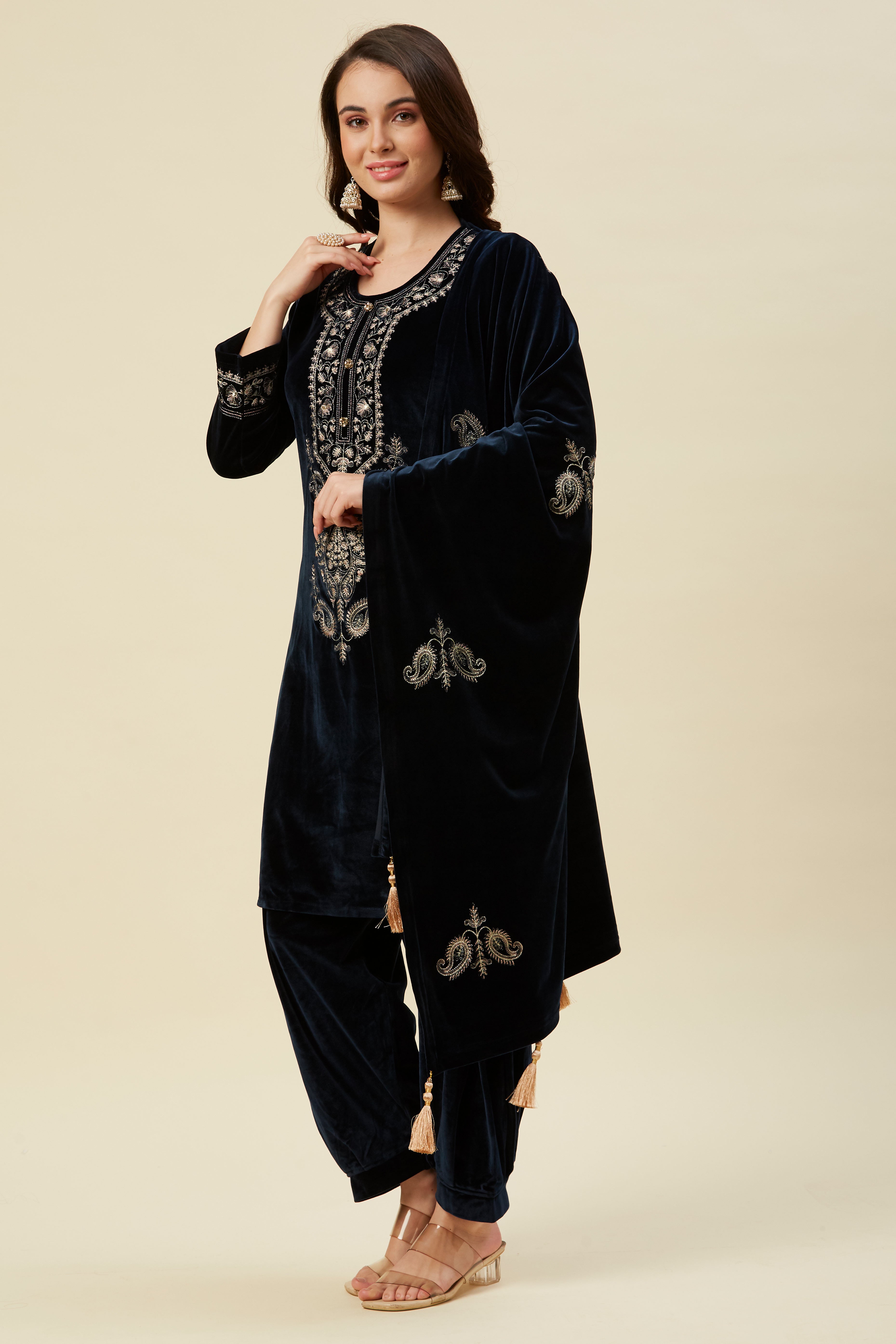 Navy Blue Embroidered Velvet Straight Salwar Suit