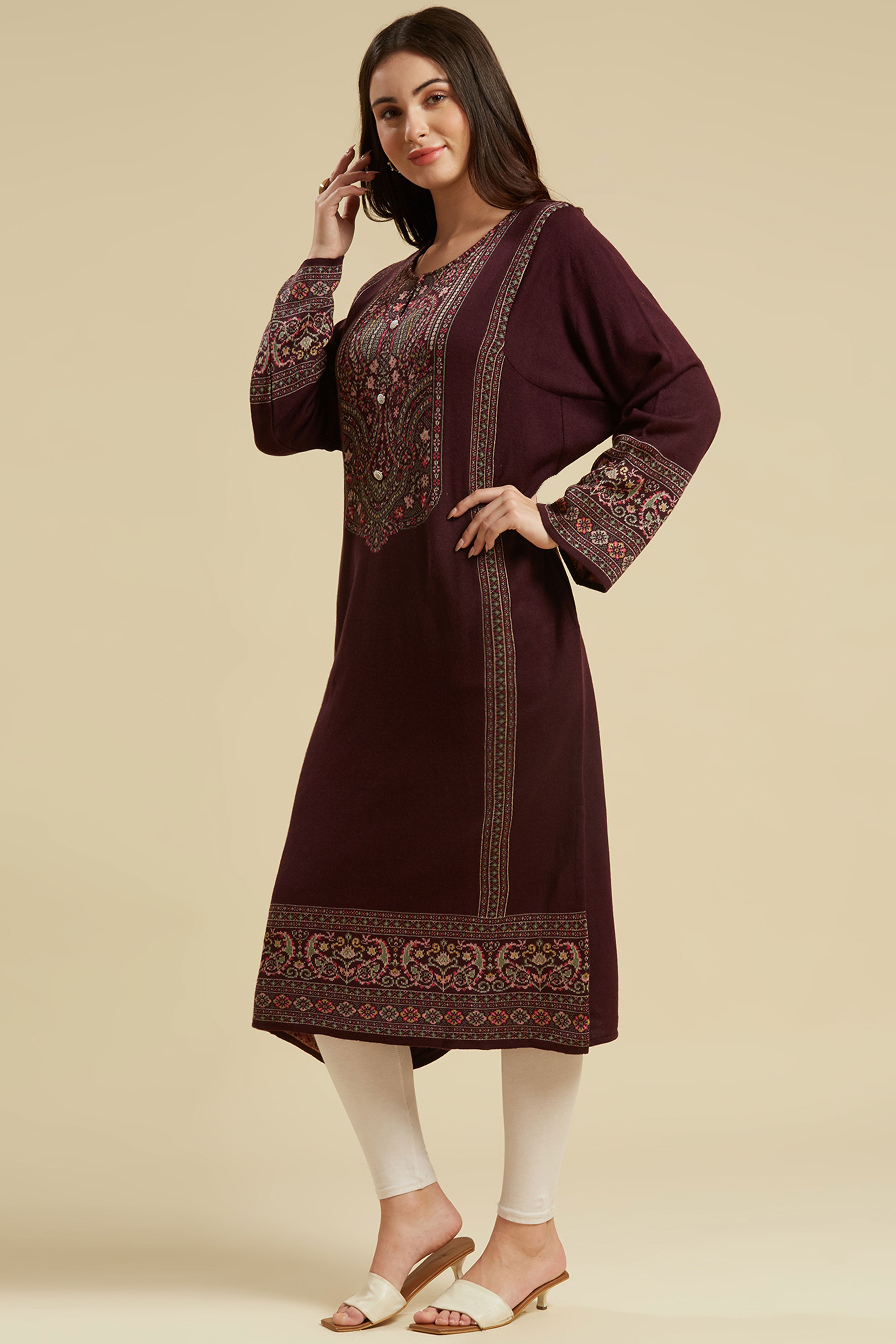 Wine Woven Woolen Straight Kurti