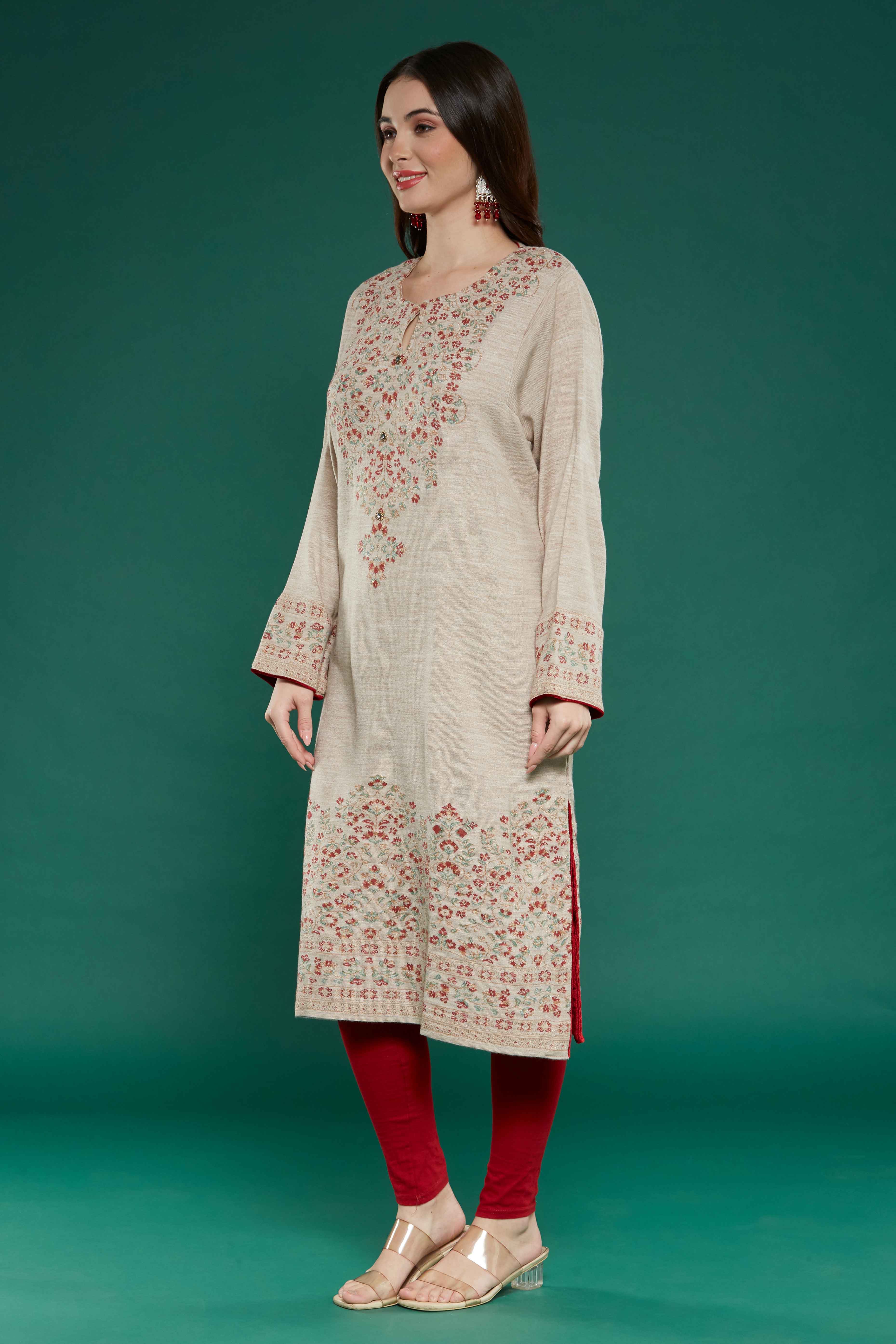 Beige Floral Woven Woolen Straight Kurti