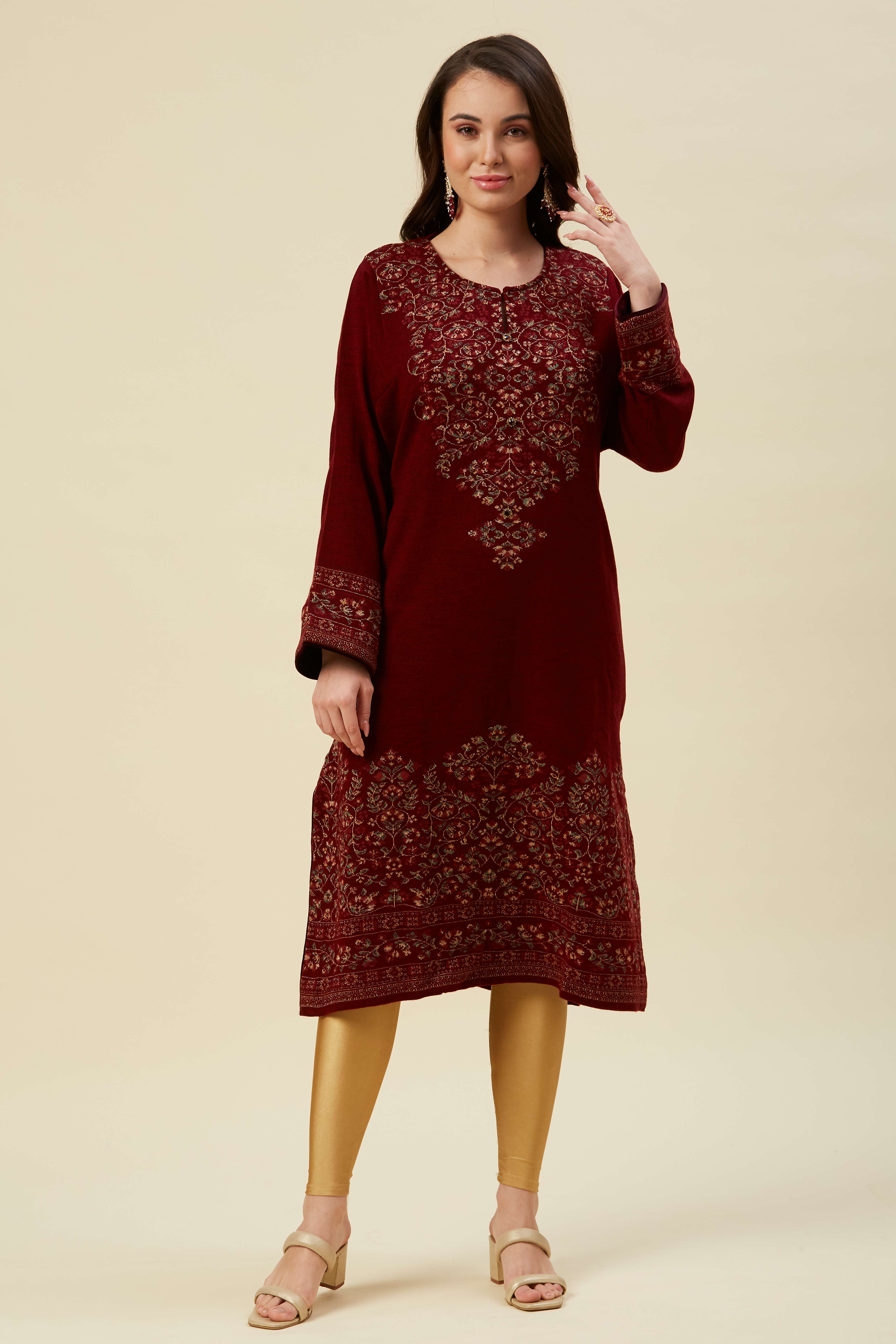 Maroon Floral Woven Woolen Straight Kurti