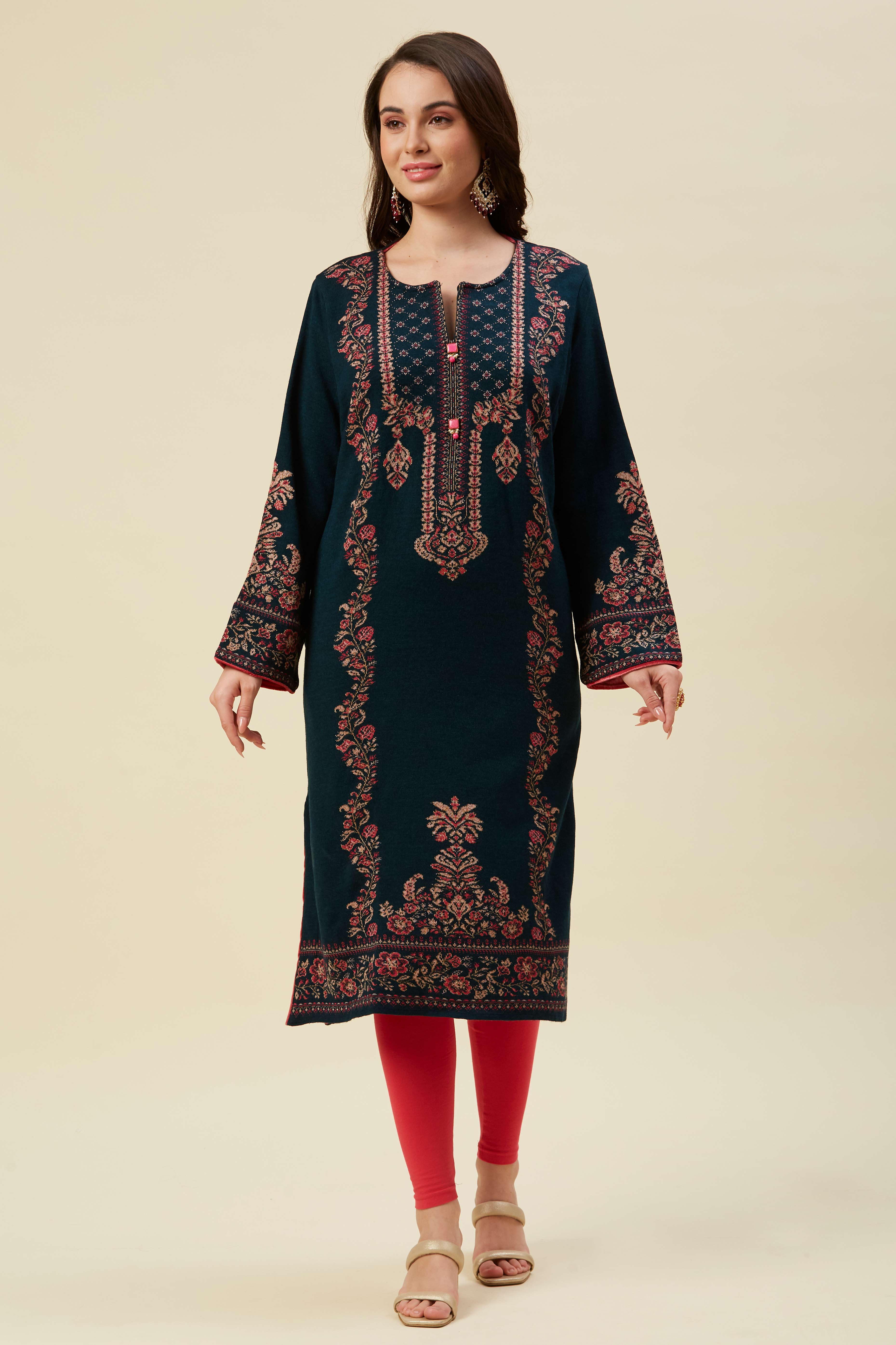 Peacock Blue Floral Woven Woolen Straight Kurti