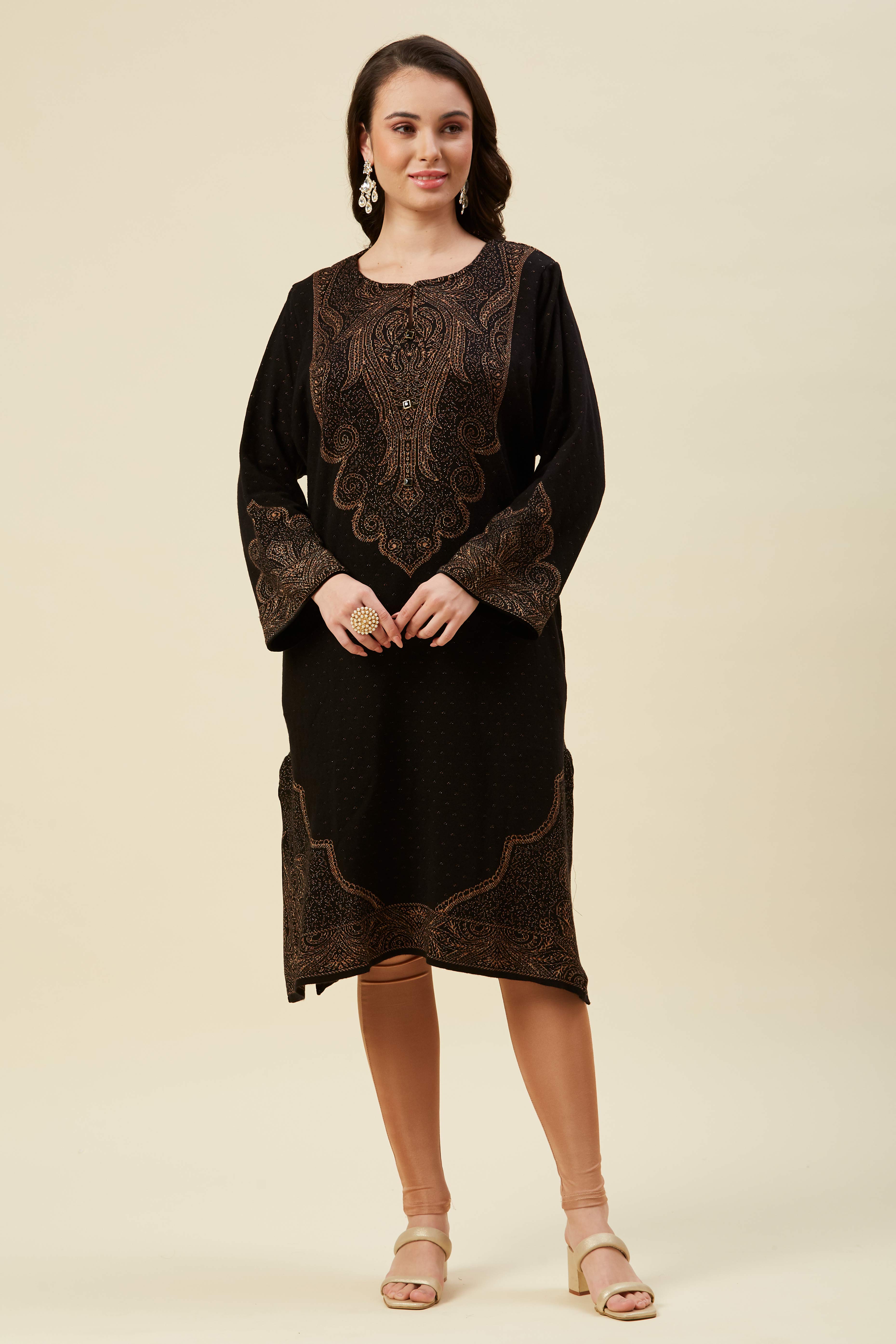 Black Floral Woven Woolen Straight Kurti