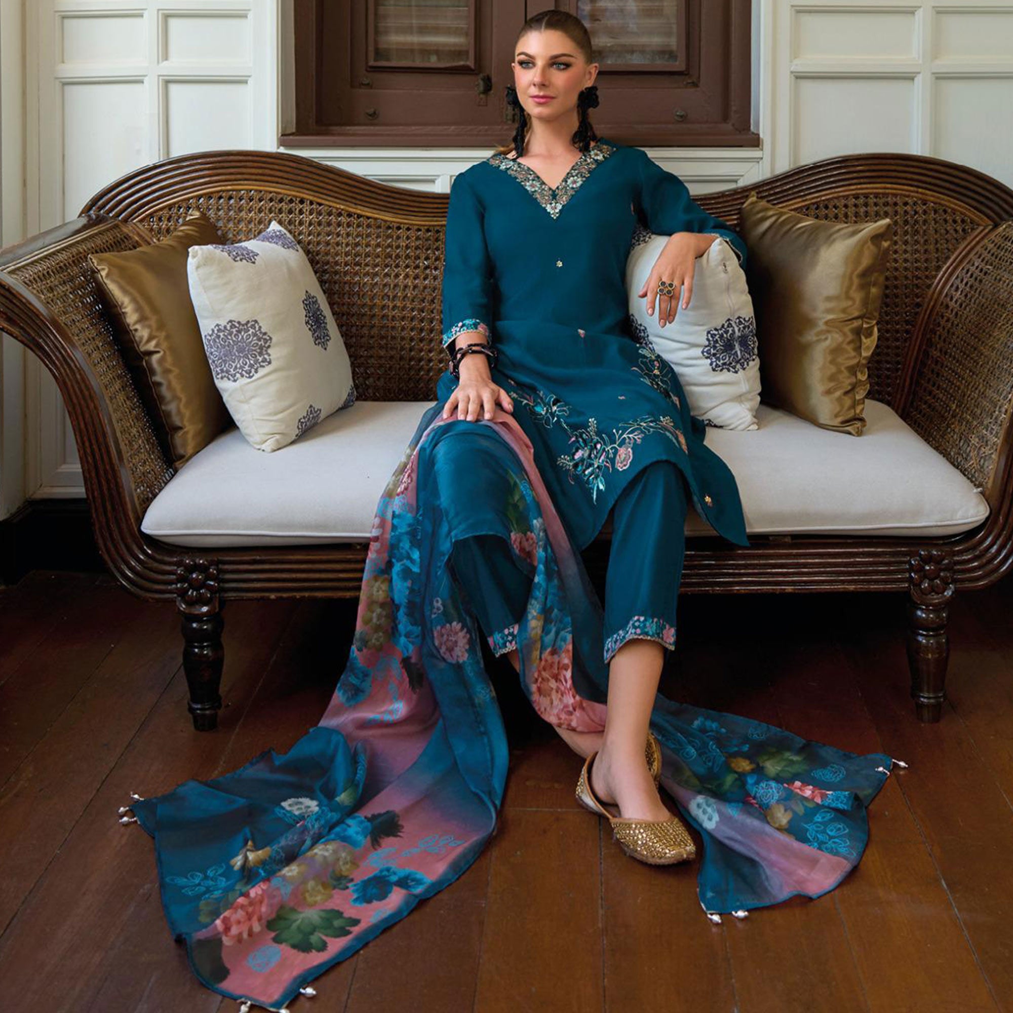 Teal Floral Handwork Embroidered Viscose Salwar Suit