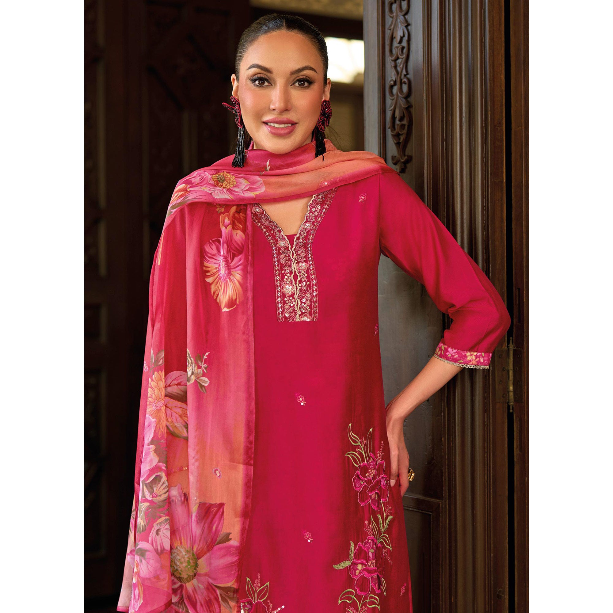 Pink Floral Handwork Embroidered Viscose Salwar Suit