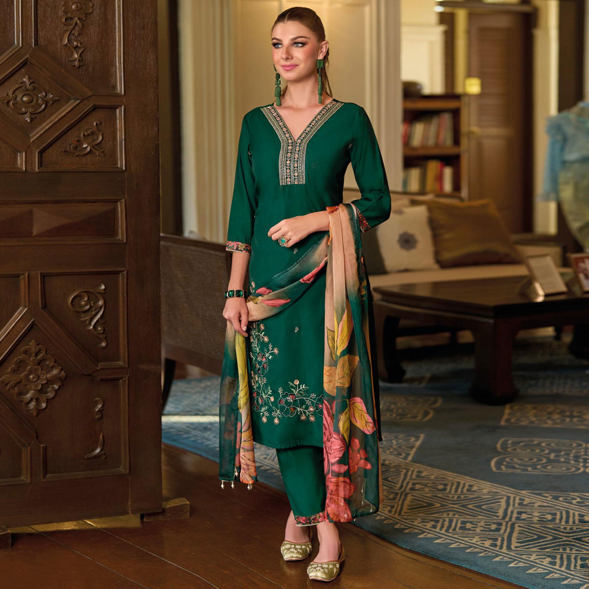 Green Floral Handwork Embroidered Viscose Salwar Suit