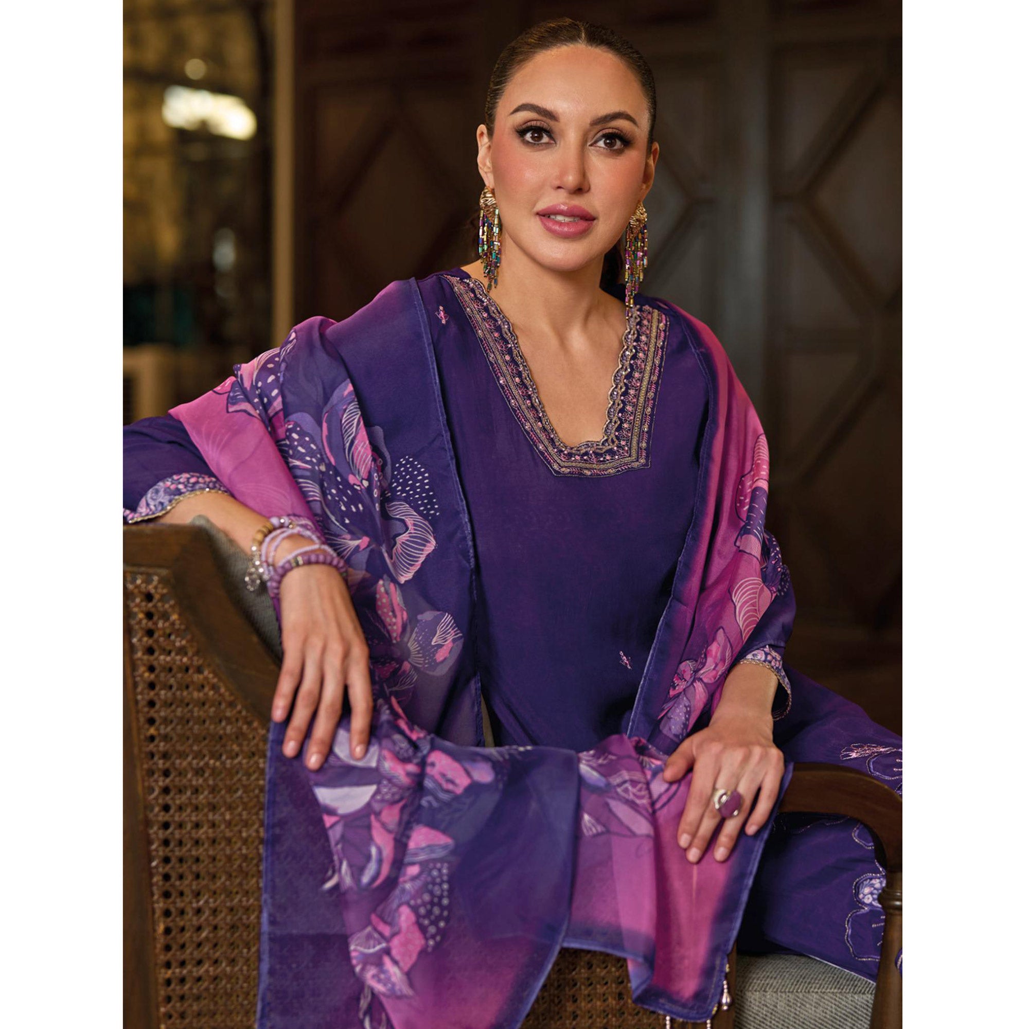 Purple Floral Handwork Embroidered Viscose Salwar Suit