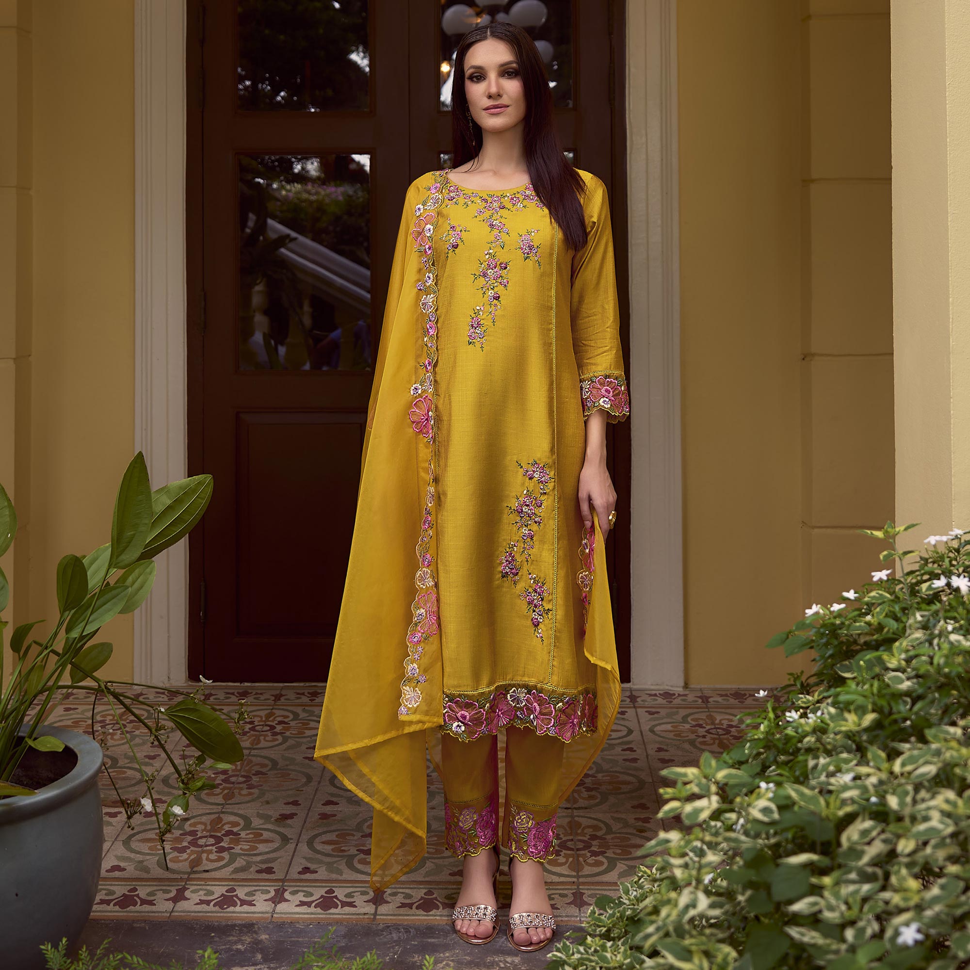 Mustard Floral Handwork Embroidered Viscose Salwar Suit