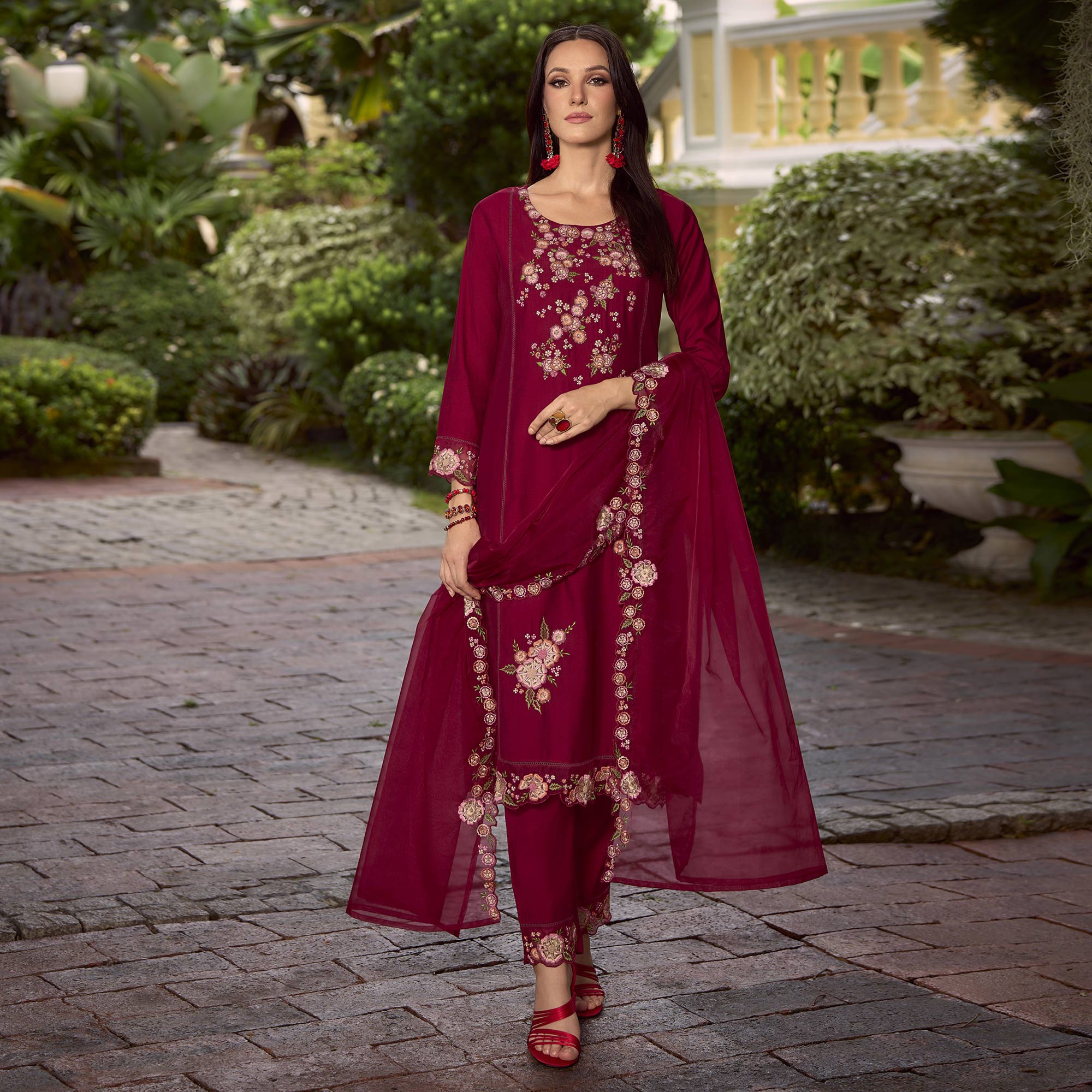 Maroon Floral Handwork Embroidered Viscose Salwar Suit