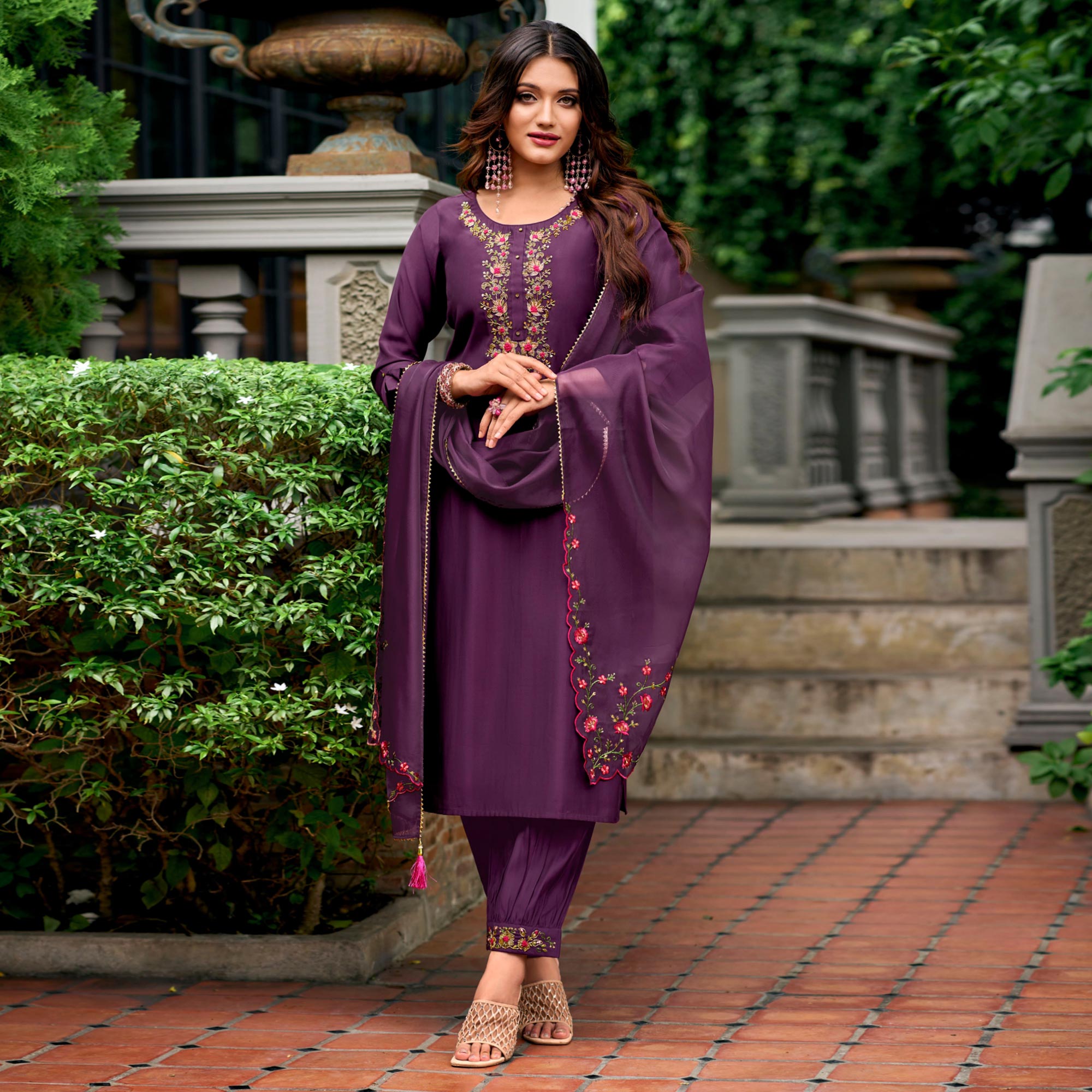 Purple Floral Embroidery Chanderi Silk Suit