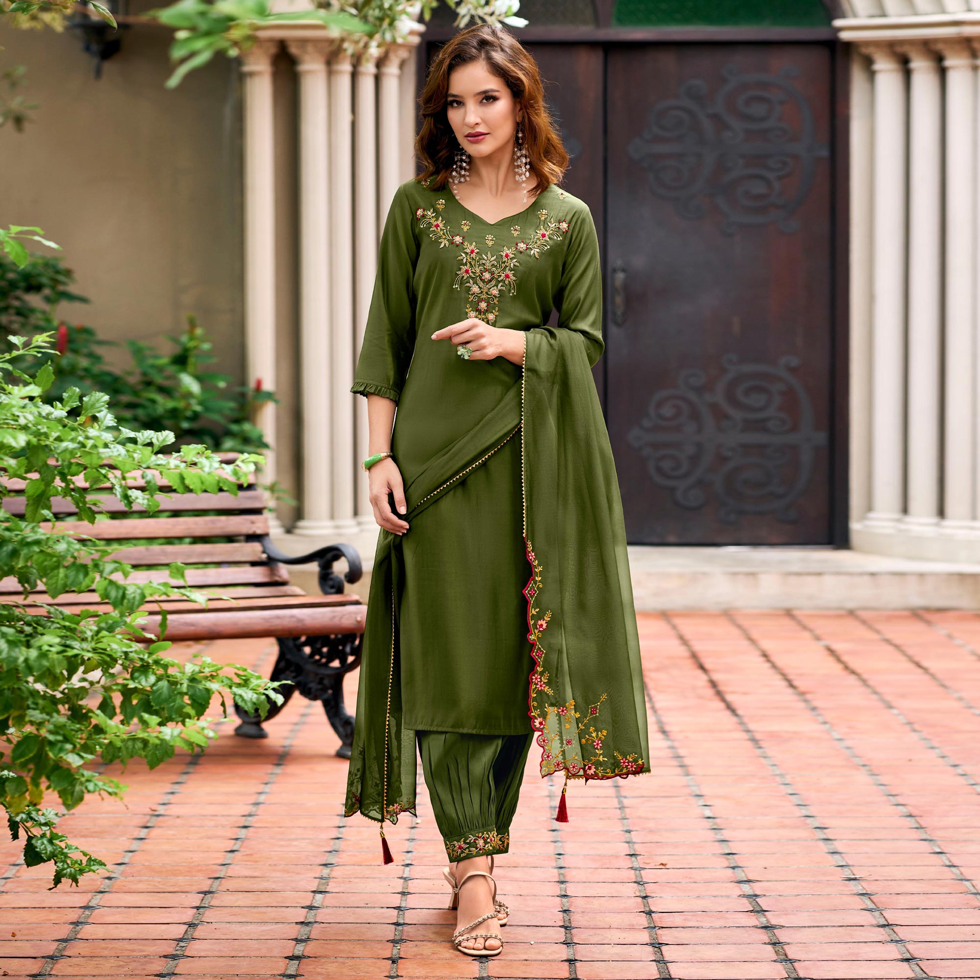 Green Floral Embroidery Chanderi Silk Suit