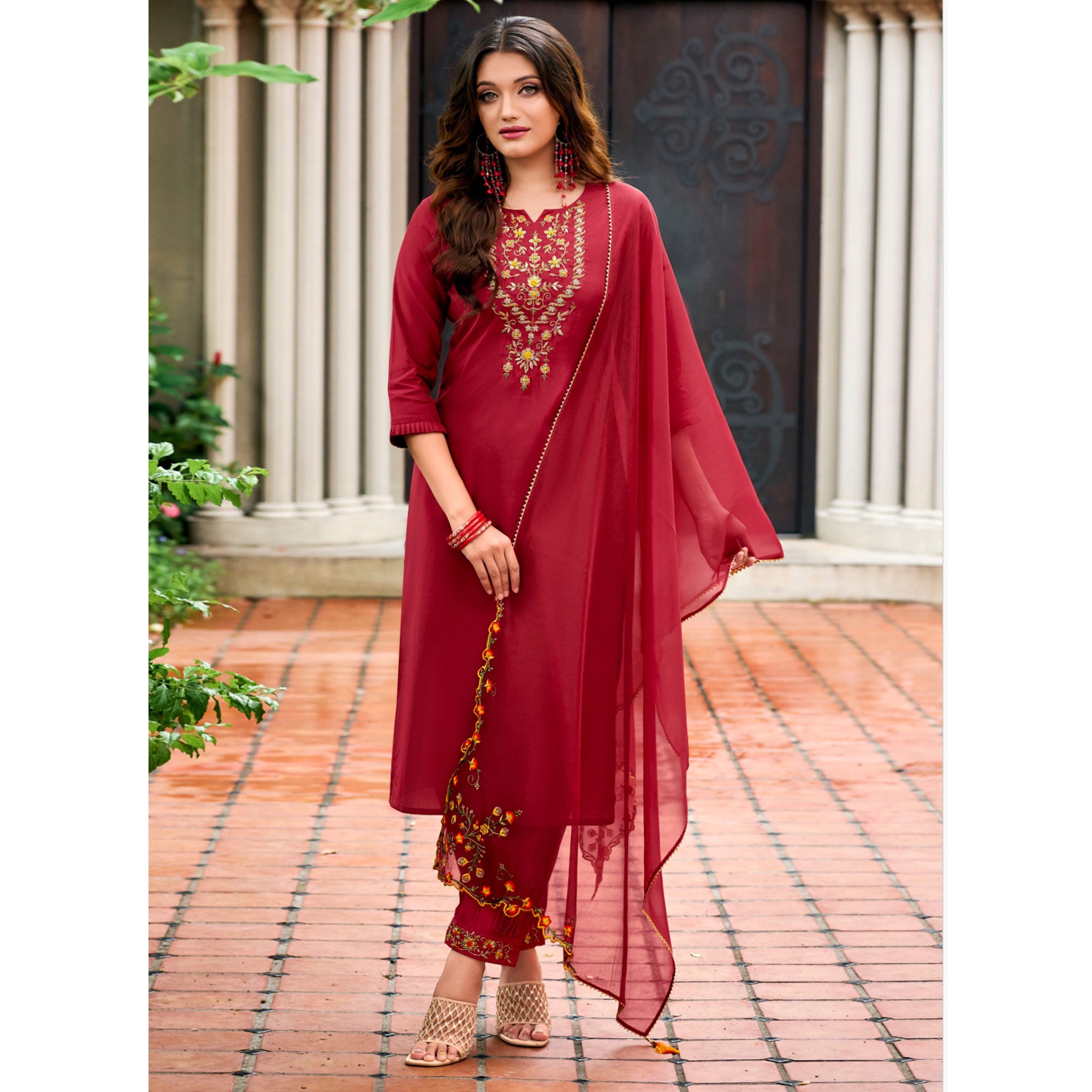 Red Floral Embroidery Chanderi Silk Suit