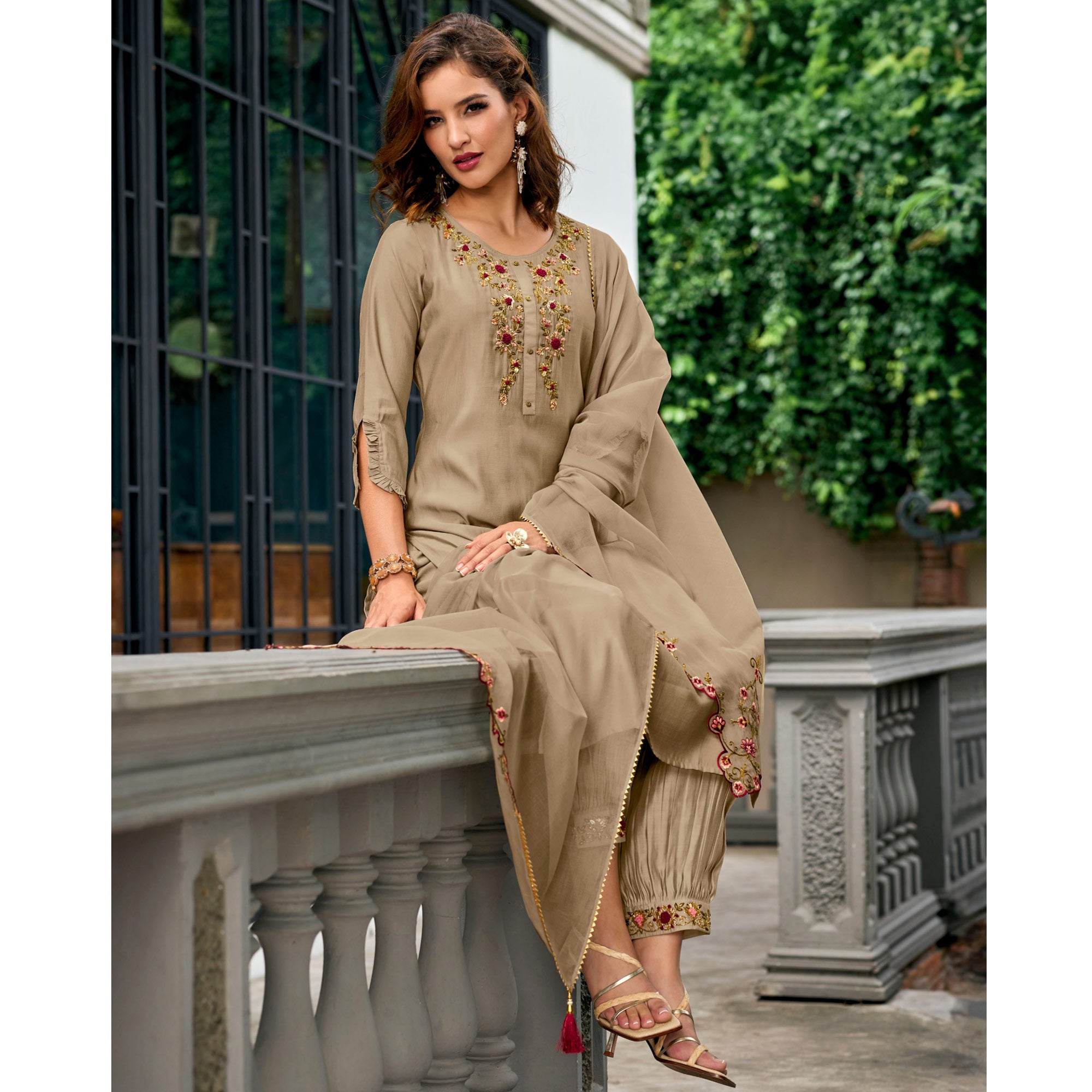 Beige Floral Embroidery Chanderi Silk Suit