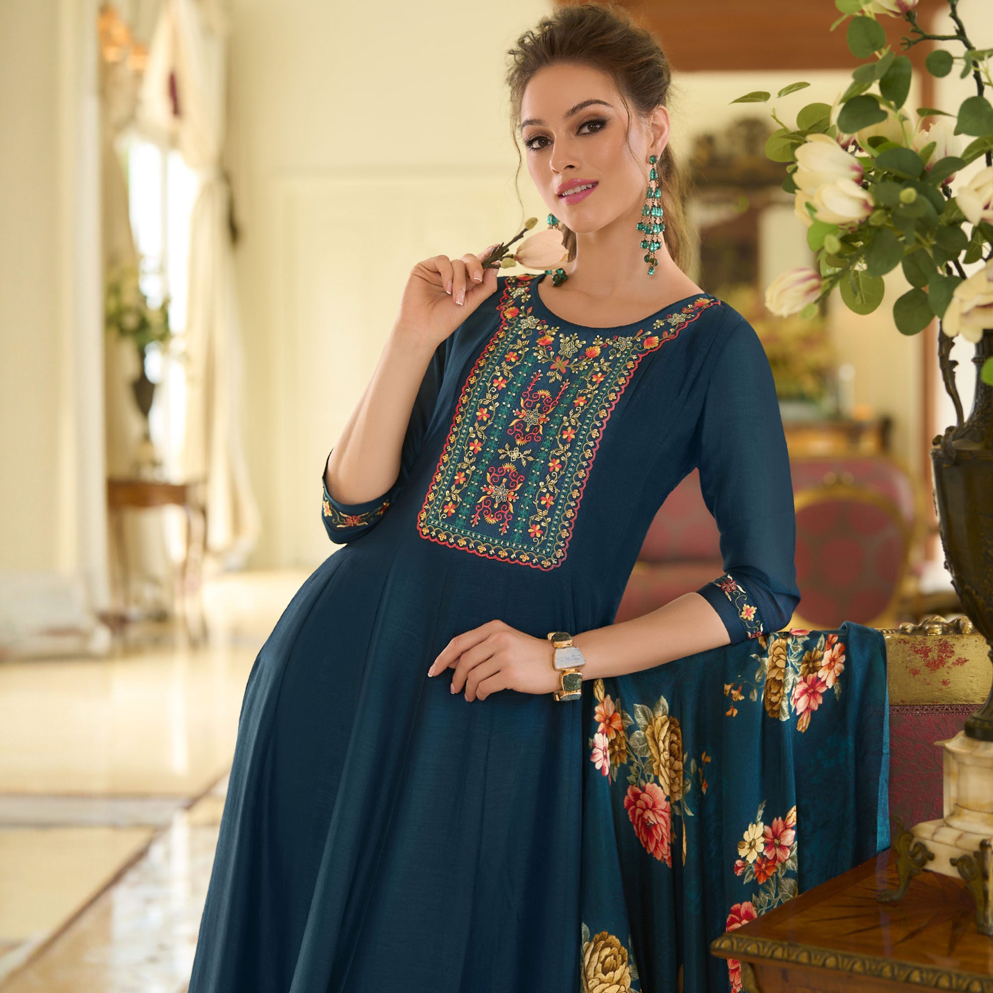 Teal Embroidered Vichitra Silk Anarkali Salwar Suit