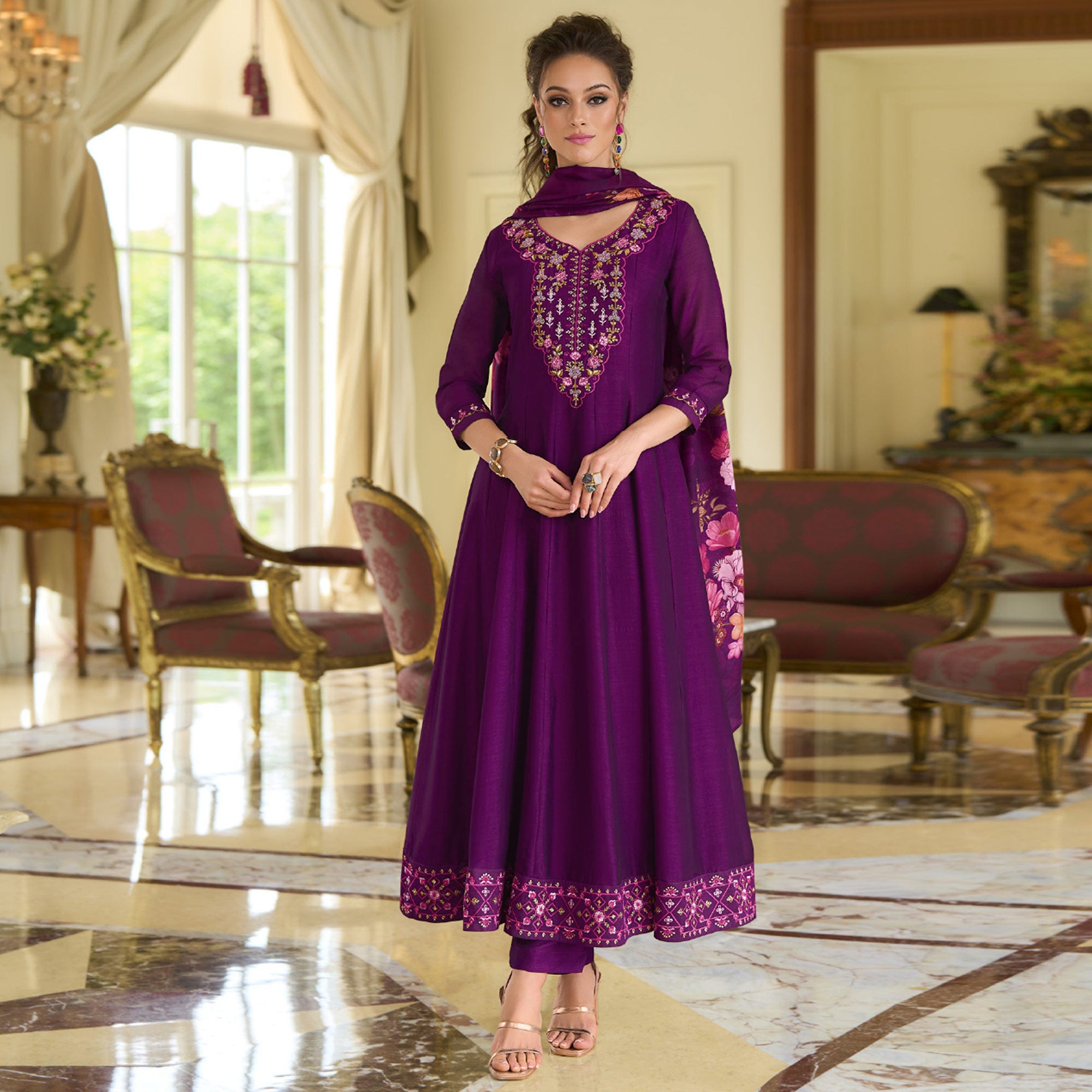 Dark Purple Embroidered Vichitra Silk Anarkali Salwar Suit