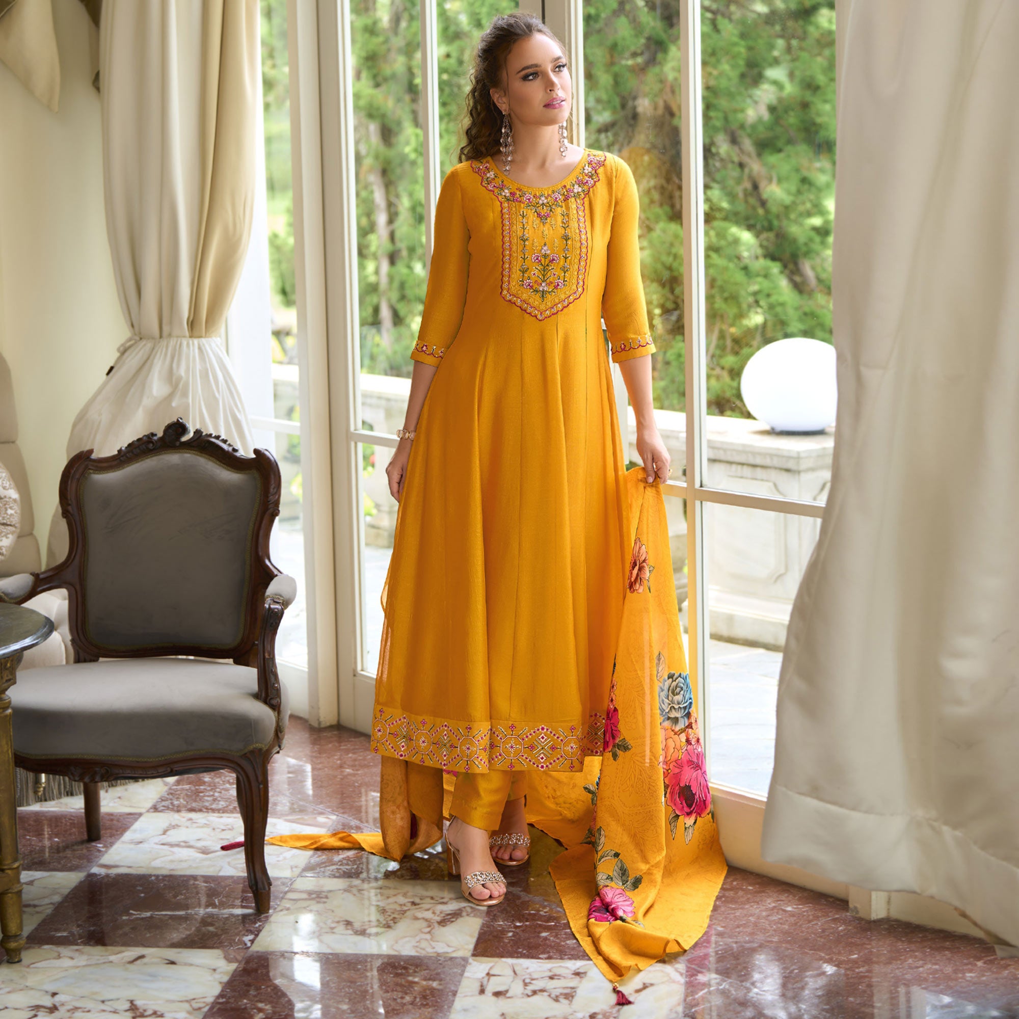 Mustard Embroidered Vichitra Silk Anarkali Salwar Suit